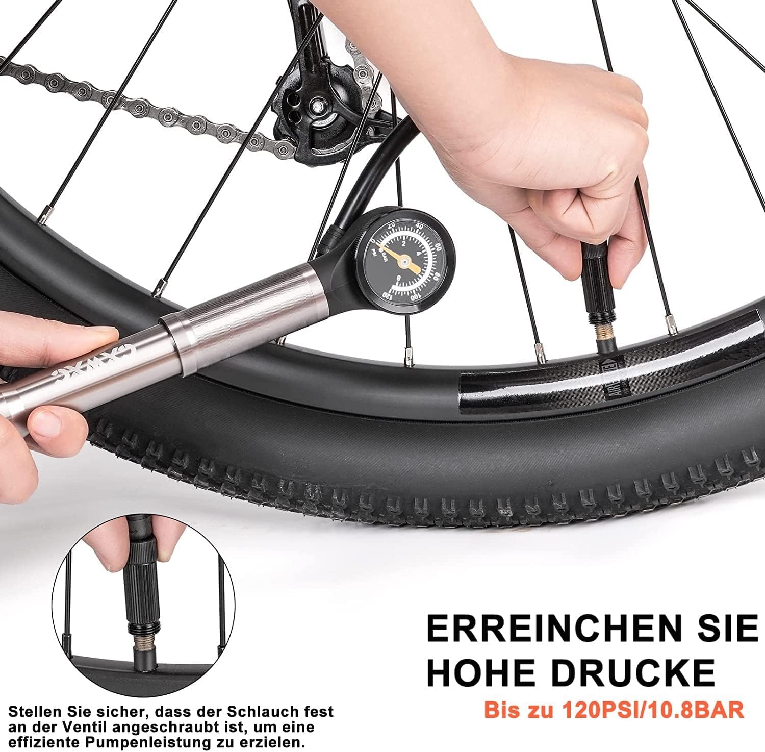 CXWXC Pompa per bicicletta mini pompa per bicicletta da 120 psi con manometro, pompa a telaio per valvole Presta e