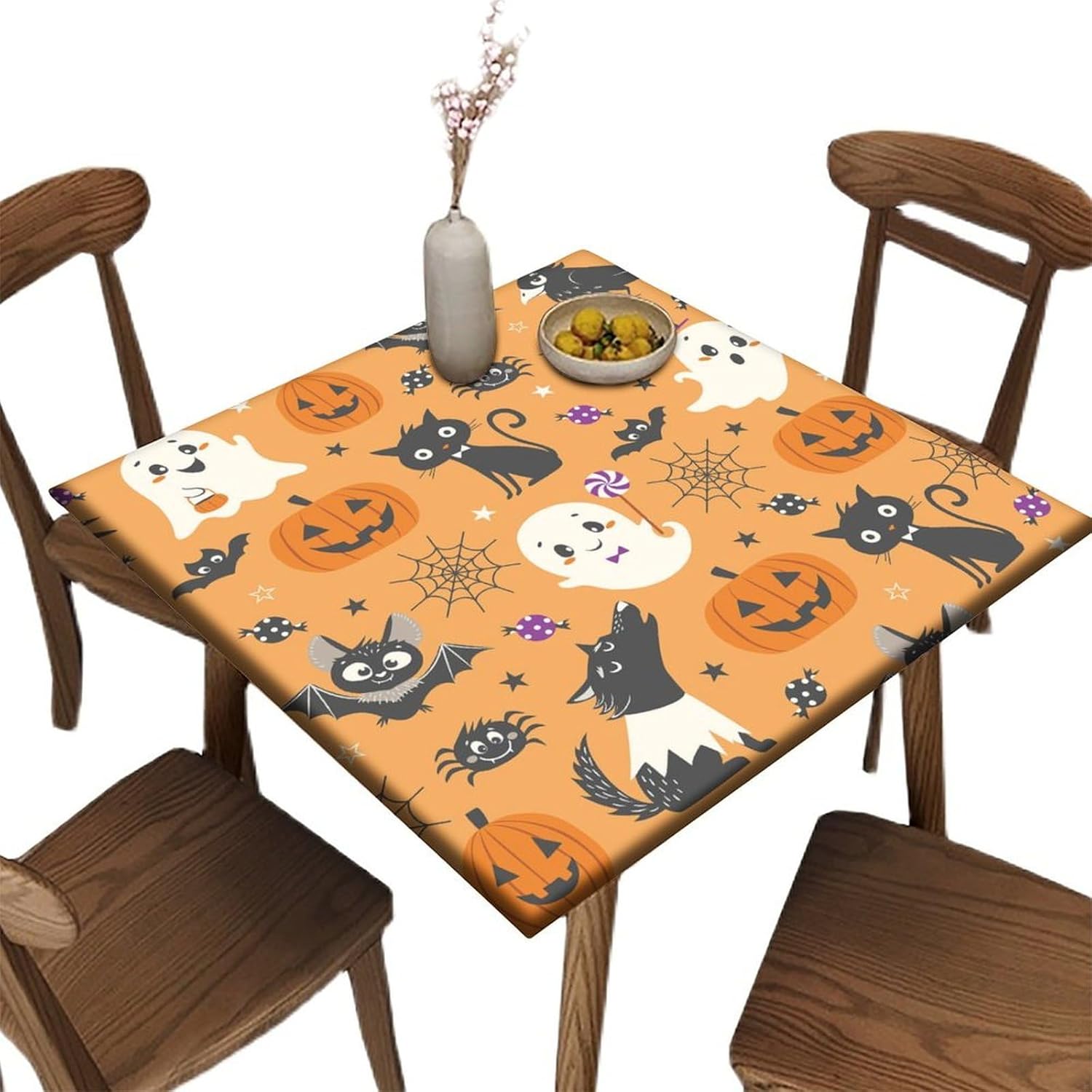 Square Card Table Elastic Fitted Tablecloth, Halloween Pattern Printed on Wrinkle Resistant Polyester Table Cloth, Great for Home Kitchen Parties Holiday Dinner, Fit for 54" x 54" Square Table