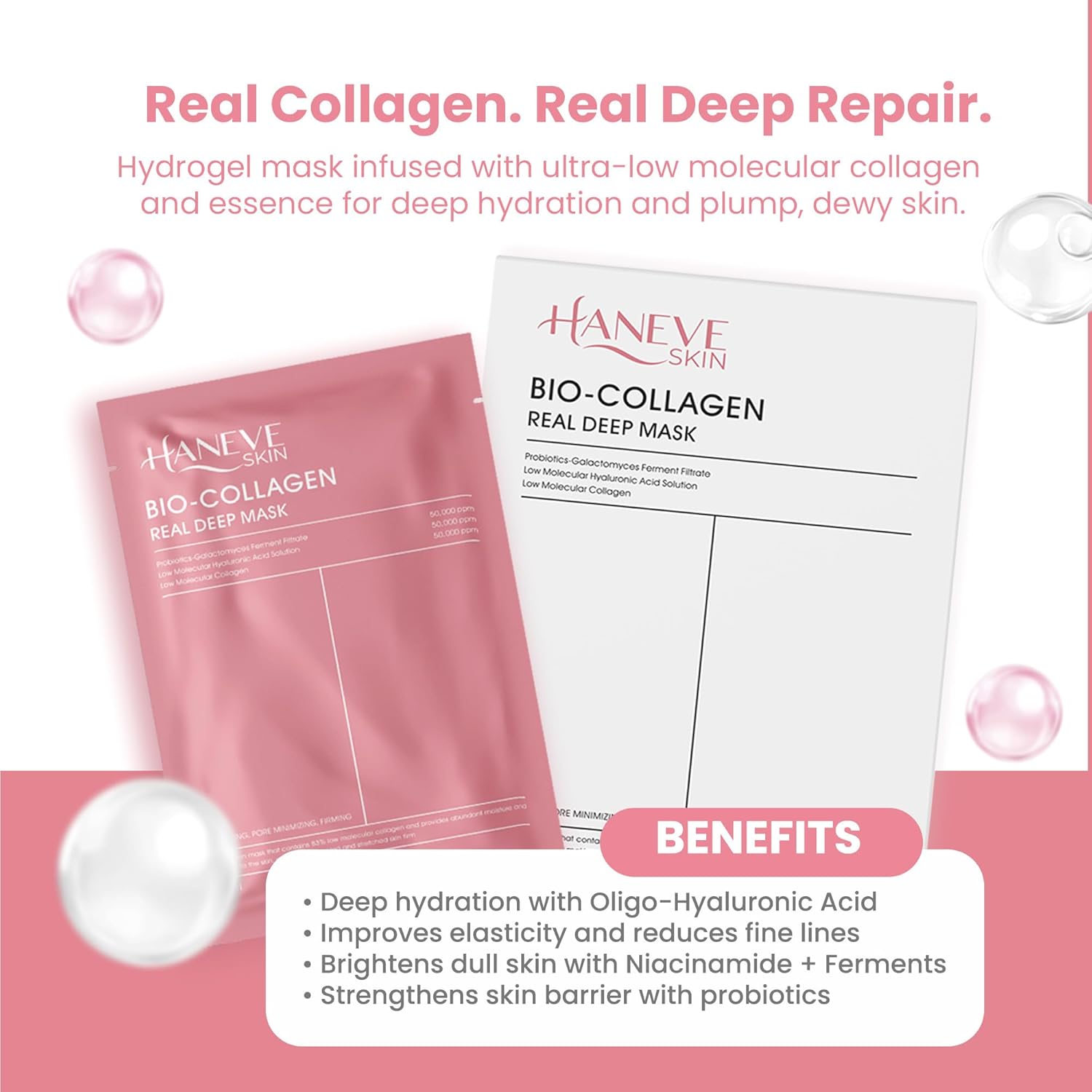 Bio-Collagen Real Deep Mask – Low Molecular Collagen, Hyaluronic Acid & Galactomyces Probiotics – Hydrating, Pore-Minimizing & Firming Facial Sheet Mask – 5 Pack - Image 5