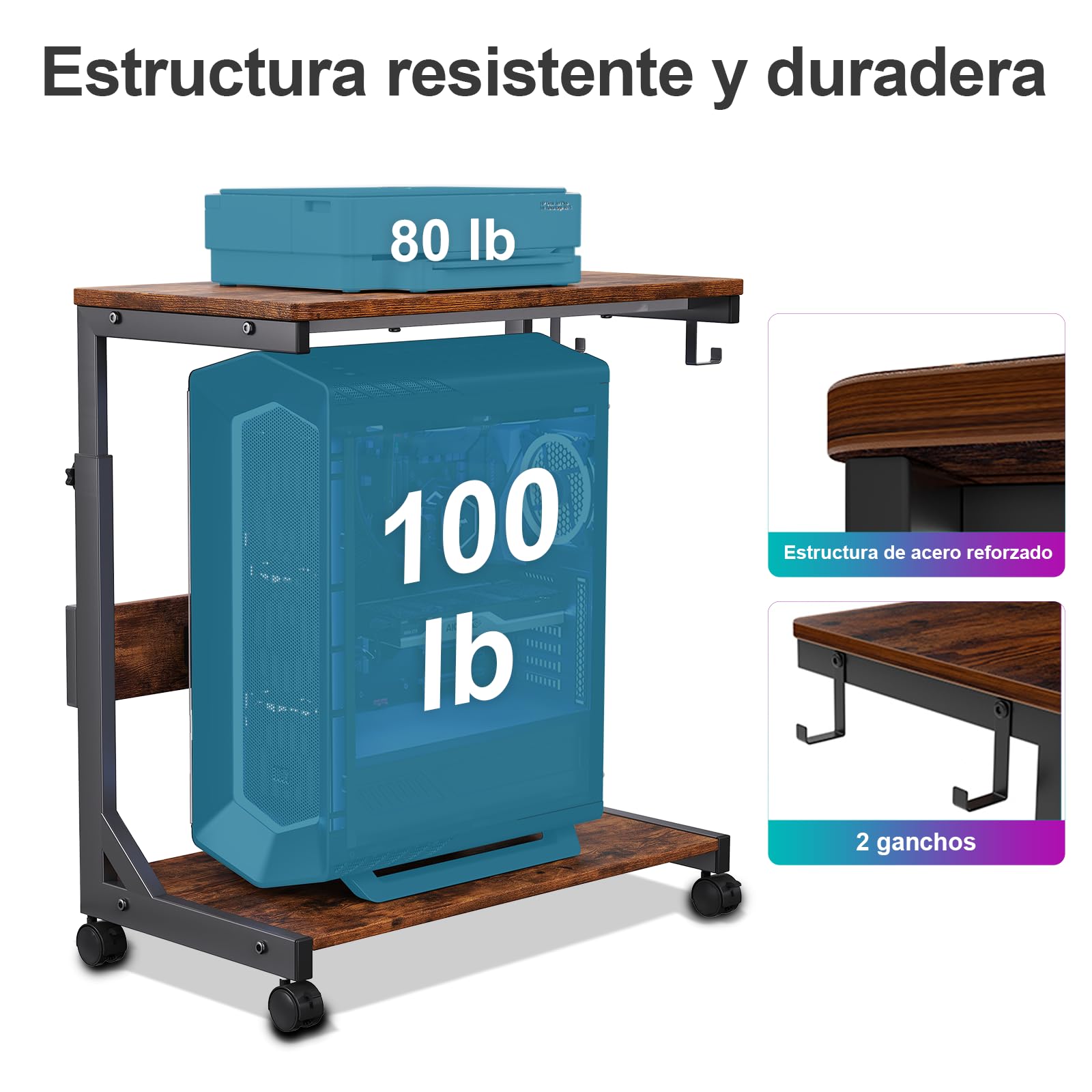 Soporte de torre para computadora de altura ajustable con carrito ATX de 2 niveles, soporte de computadora de pie, soporte de impresora con espacio de almacenamiento, ruedas de bloqueo, se adapta a la