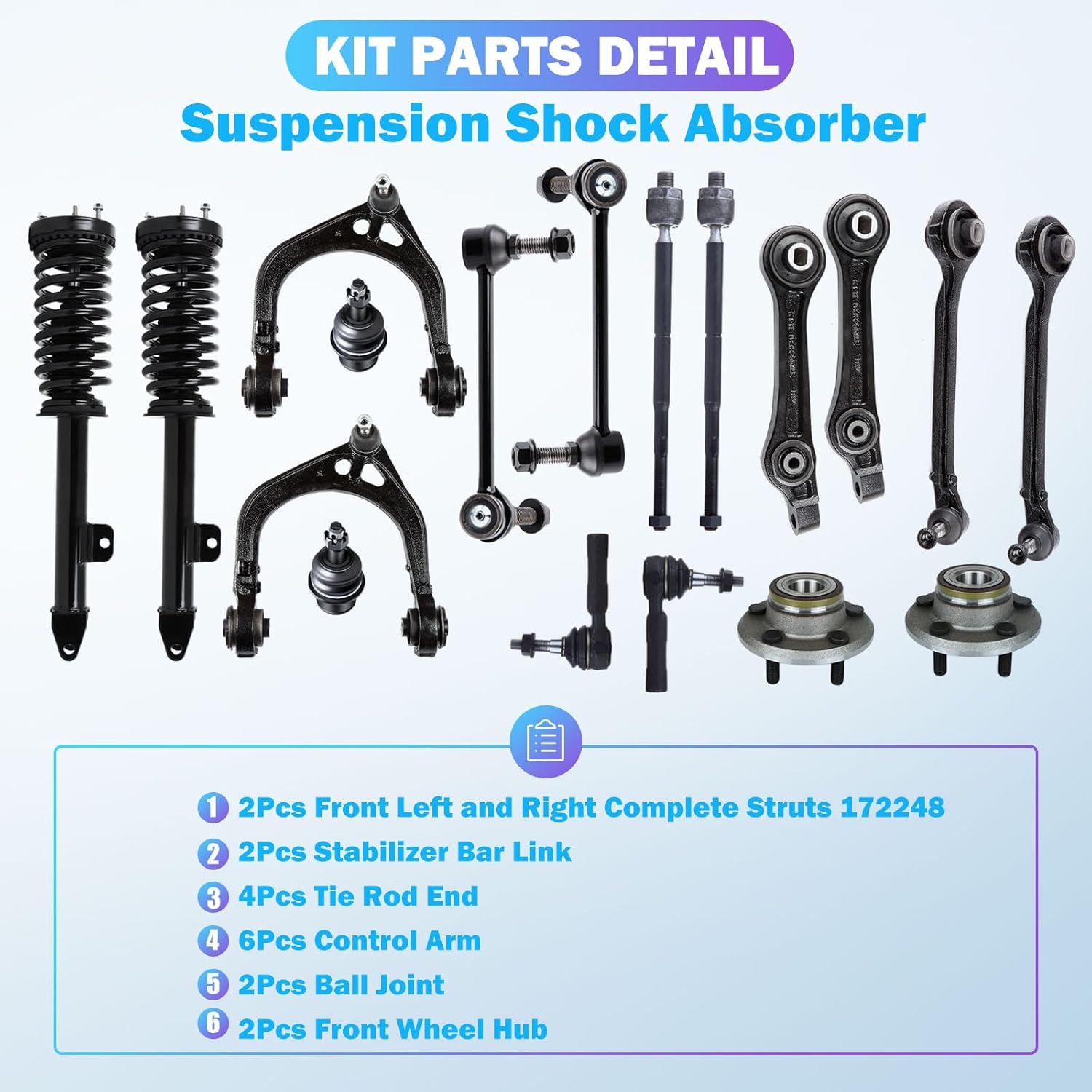 Complete 18pcs Suspension Kits w/Struts & Control Arms Fit for 2005-2010 for Chrysler 300 2006-2010 for Dodge for Charger - Includes Sway Bar Link Wheel Hubs Tie Rods Ball Joints