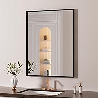 Vista 19 de LOAAO Espejo de Baño de Pared Rectangular Negro de 20"X30", Marco de Aleación de Aluminio Negro Mate, Vidrio Templado, se Cuelga Vertical u