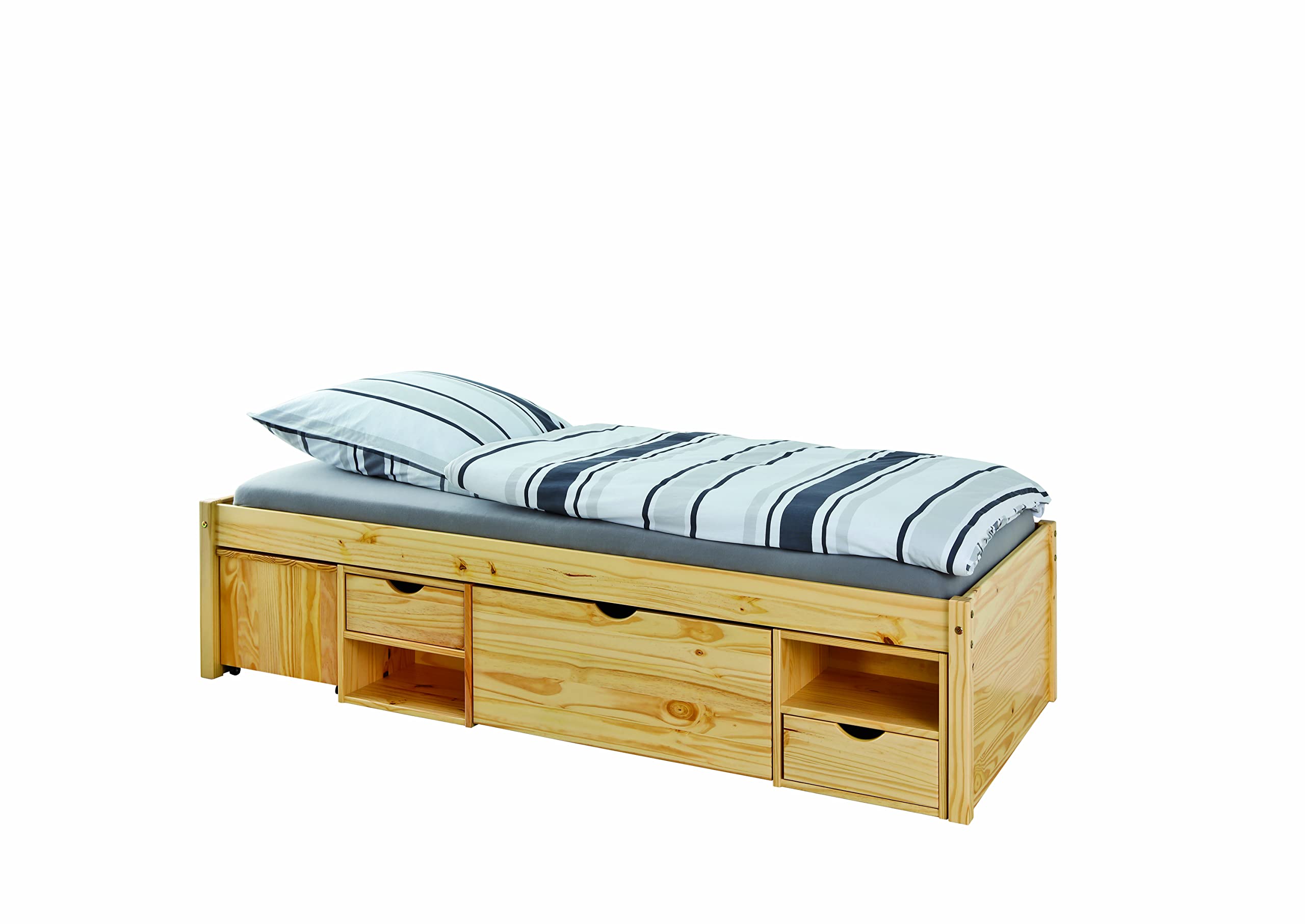 Inter Link - Einzelbett mit Schubladen – Kojenbett mit Stauraum – Praktisches Jungendbett – Kiefer massivholz – Natur lackiert – Platzsparendes Jugendzimmer Einzelbett – Claas 90 x 200cm