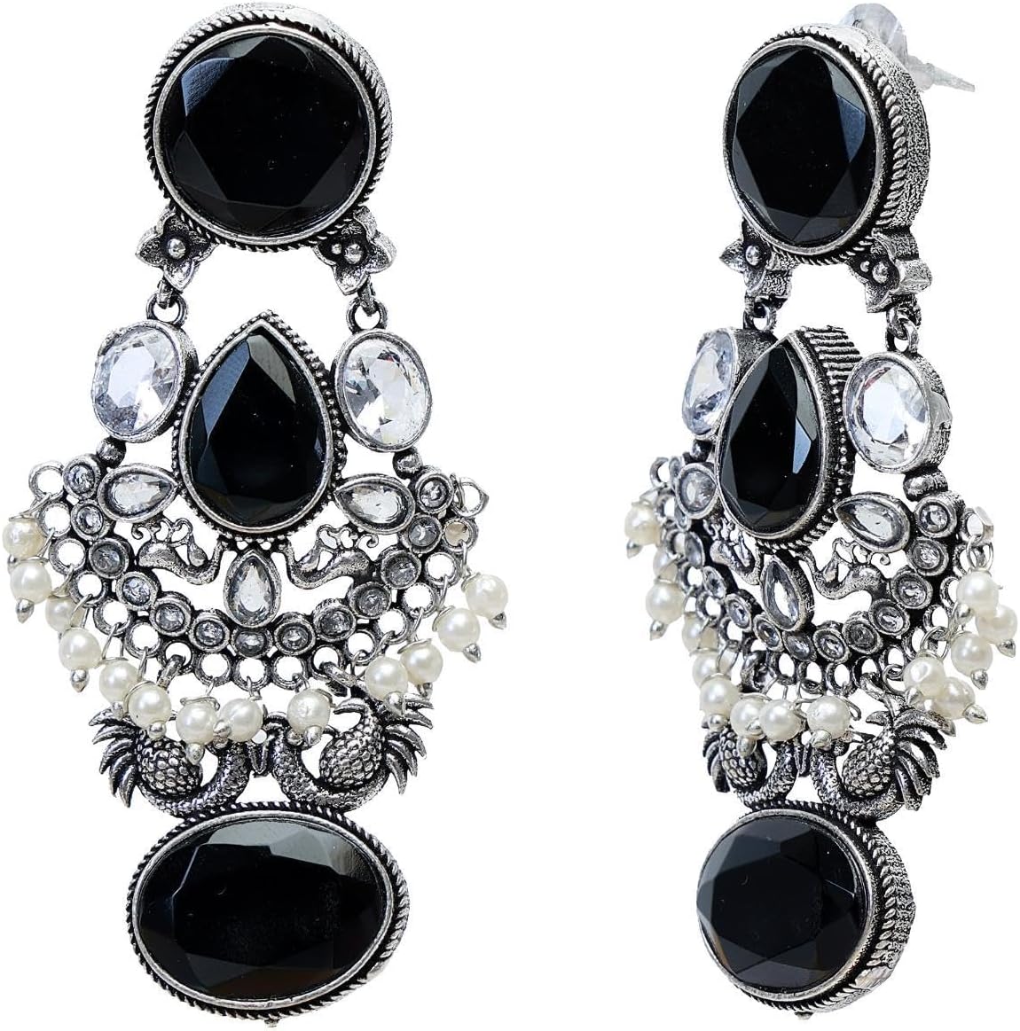 Efulgenz Indian Oxidized Jewelry Antique Boho Oxidized Indian Earrings for Women Faux Pearl Crystal Oxidized Chandelier Jhumka Jhumki Earrings Set Bohemian Statement Earrings Jewelry Set for Women