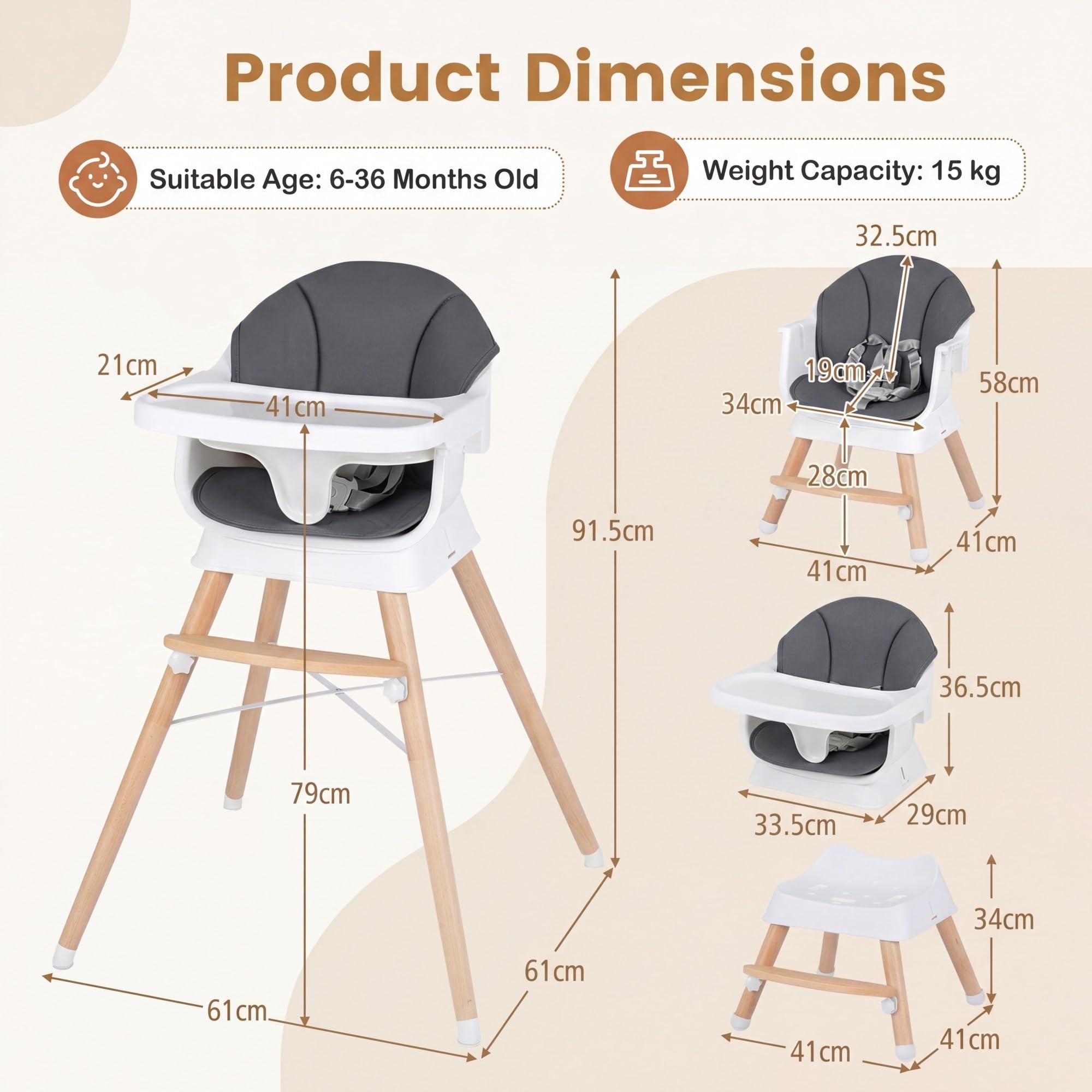 LIFEZEAL Trona para Bebés y Niños Pequeños, Trona Infantil Multifuncional de Madera Maciza, con Reposapiés y Bandeja Ajustables, Equipada con Cinturón de Seguridad, Apta para Bebés de 6 a 36 Meses