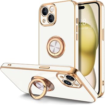 Hython for iPhone 15 Case with Ring Stand, 360 Rotatable Ring Holder Magnetic Kickstand, Plating Rose Gold Edge Soft Cover Women Men Luxury Protective Phone Case for iPhone 15 6.1", White