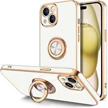 Hython for iPhone 15 Case with Ring Stand, 360 Rotatable Ring Holder Magnetic Kickstand, Plating Rose Gold Edge Soft Cover Women Men Luxury Protective Phone Case for iPhone 15 6.1", White