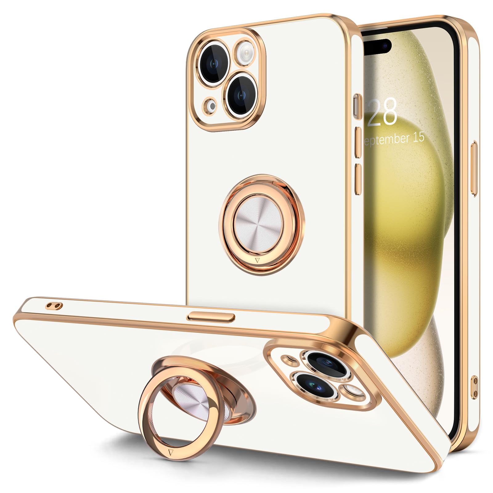 Hython for iPhone 15 Case with Ring Stand, 360° Rotatable Ring Holder Magnetic Kickstand, Plating Rose Gold Edge Soft Cover Women Men Luxury