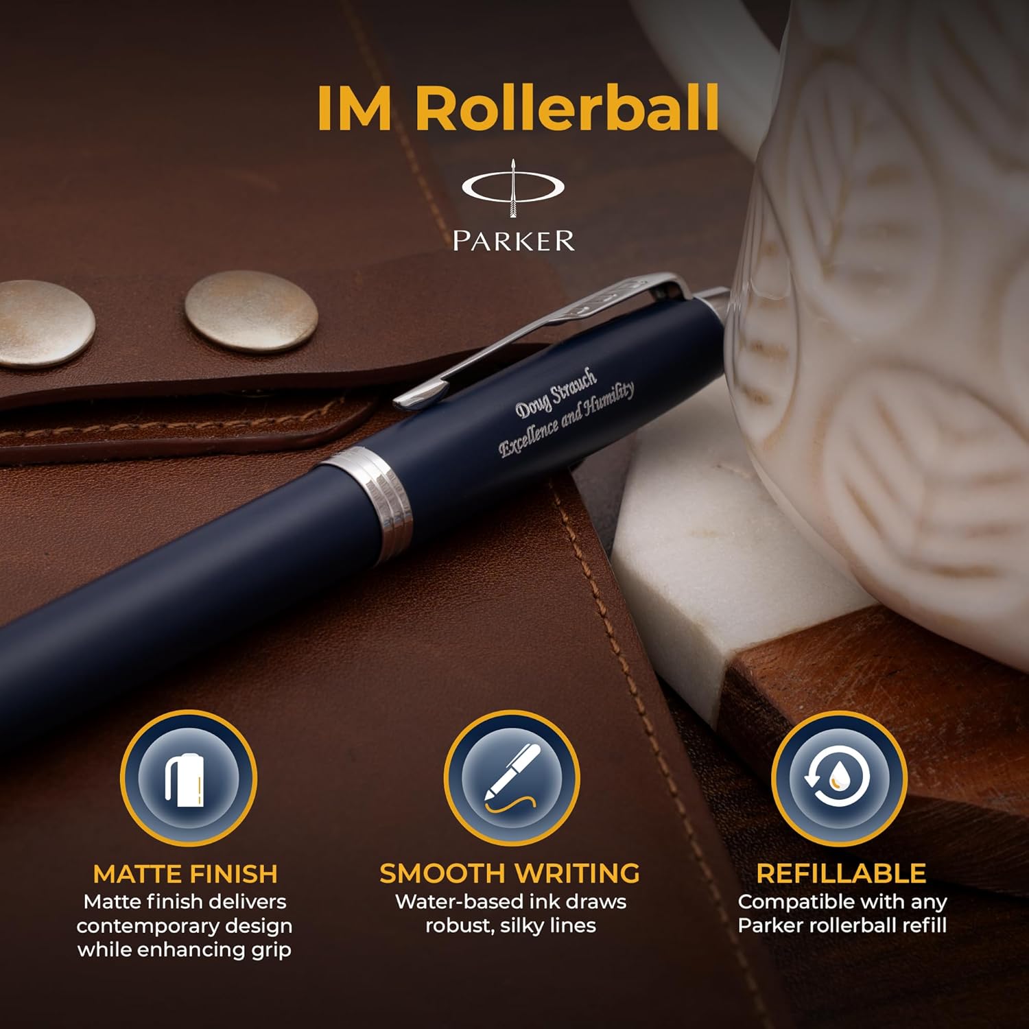 Engraved Parker IM Blue Rollerball Pen. Personalized Matte Finish Gift Pen with Chrome Trim and Black Ink for Professional Gifting and Graduations in a Gift Box