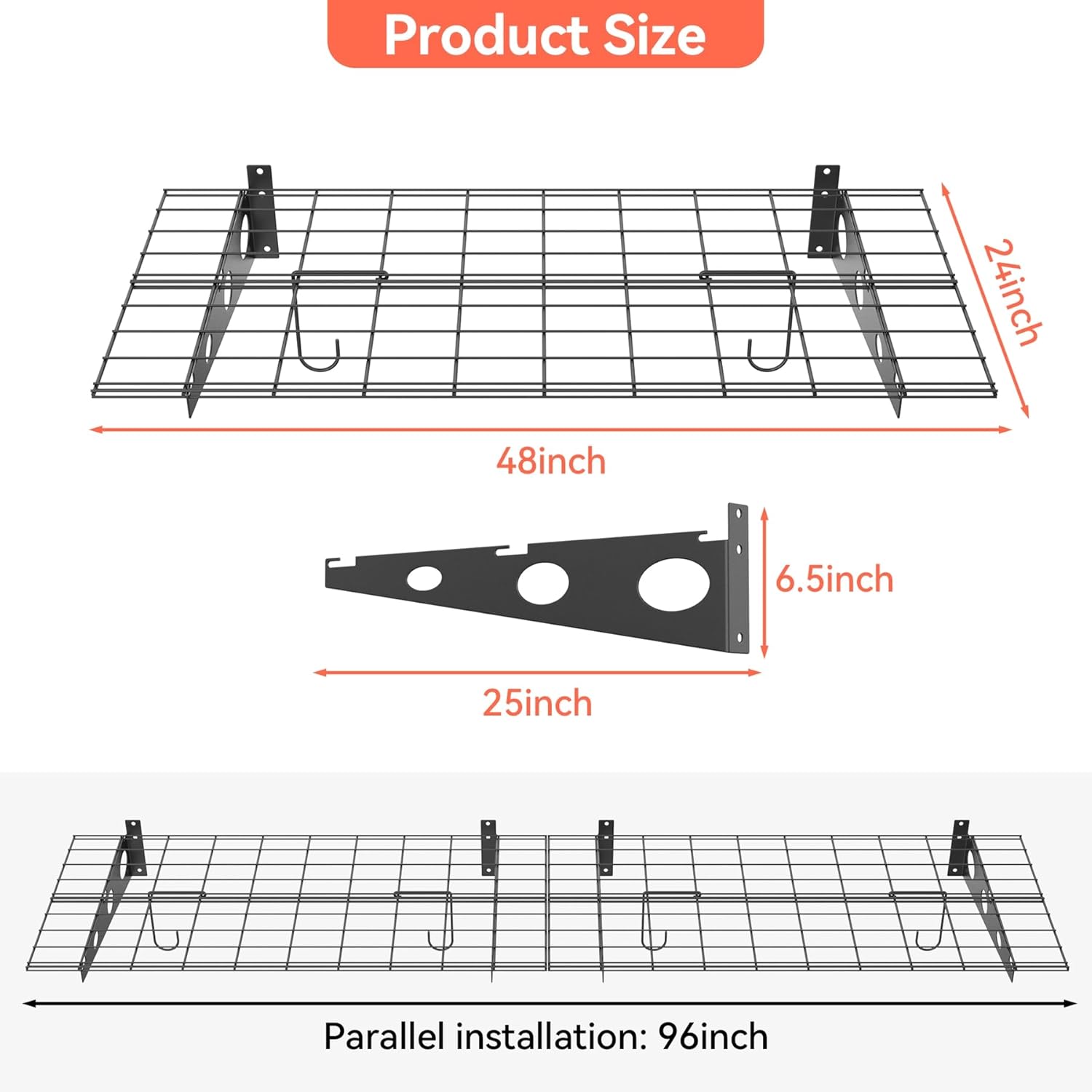 TORACK Garage 24 x 48 in/2 x 4 ft Wall Shelves, Heavy Duty Wall Mounted Wire Shelves for Garage Floating Shelf(Black, Pack of 2)