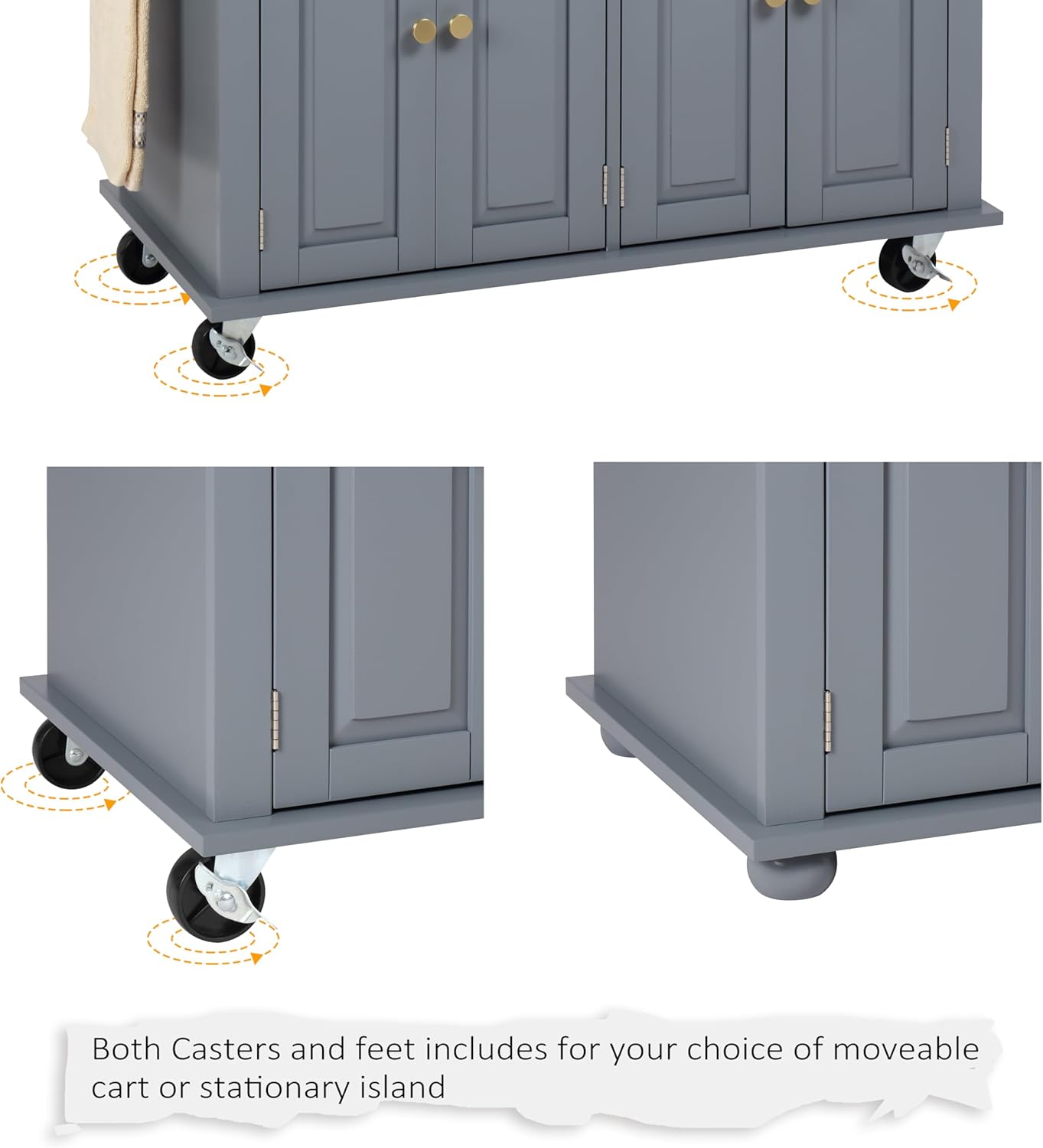 Finnhomy Rolling Kitchen Island With Drop Leaf, Thicken Rubberwood Top, Spice Rack, Towel Rack, Drawer, 43.3" Portable Mobile Kitchen Island Carts Table, Storage Cabinet, Both Wheels and Feet Included