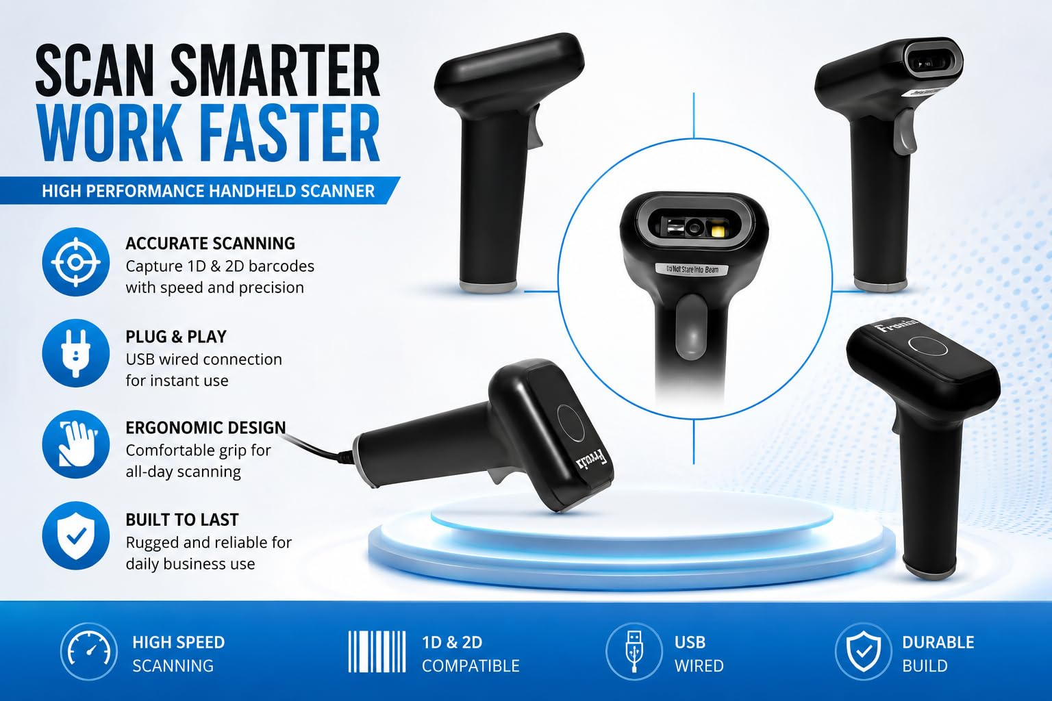 FRONIX FB1600 Handheld Laser High Speed Wired 2D Barcode Reader for Shops, Super Markets, Convenience Stores, Warehouses and Logistics, BIS Approved Make in India 2