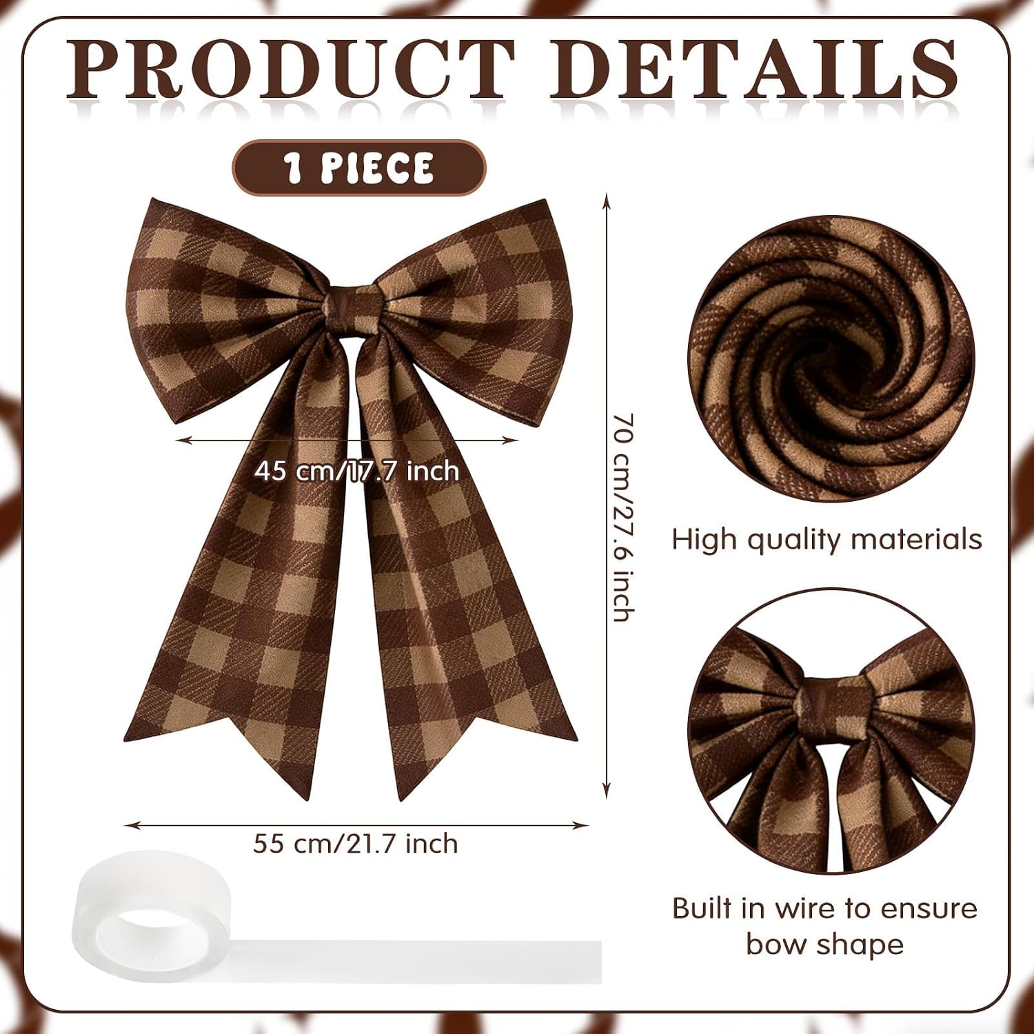 Large Brown and Beige Checkered Coquette Bow For Backdrop 27.6 X 21.7 Inch Big Gingham Bow Wall Decor Giant Ribbon Tie Hanging Gift for Birthday Bachelorette Party Baby Shower Bridal Shower Wedding