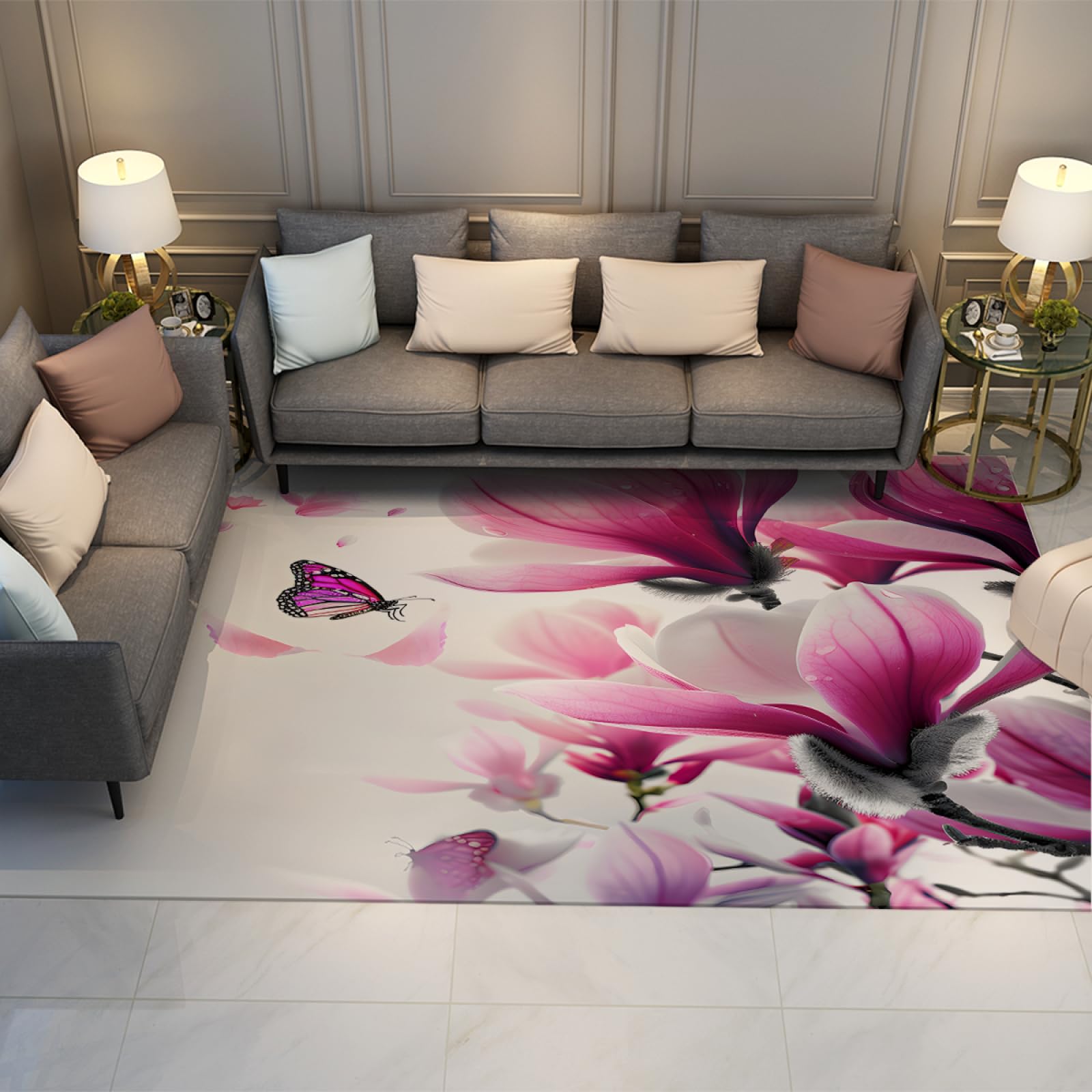 Tapis imprimé floral violet antidérapant pour créer un coin lecture cosy