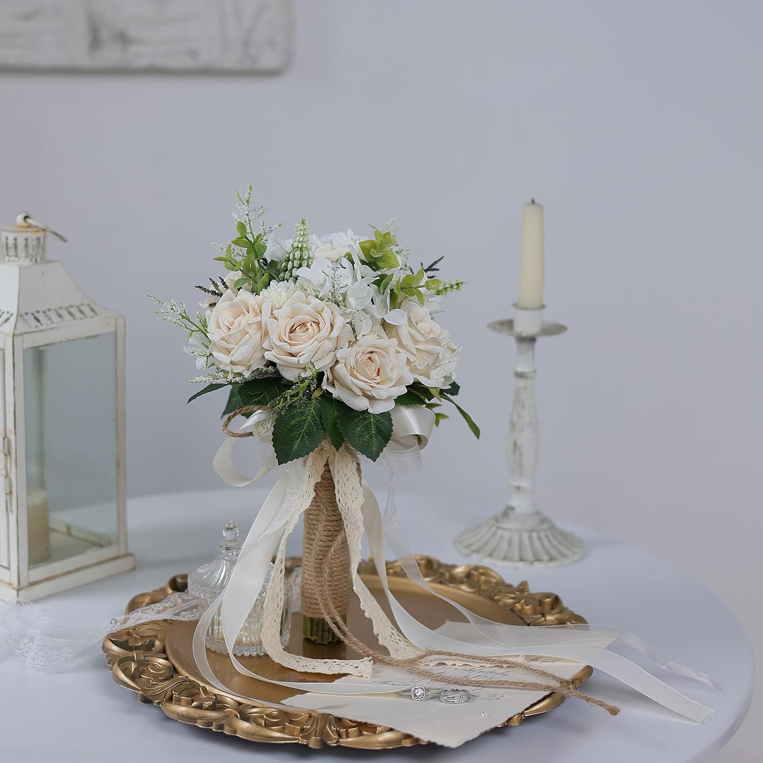 Wedding Bouquets Large for Bride Bridesmaid,White Champagne Artificial Roses Flowers for Wedding Church Decoration (9.5in) - Image 9