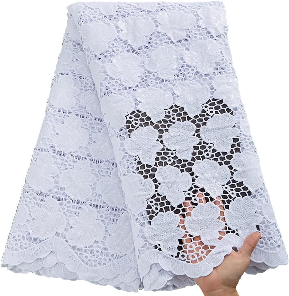 African Lace Fabric 5 Yards, French Jacquard Embroidery Water Soluble Solid White Lace Fabric for Party Wedding Dress