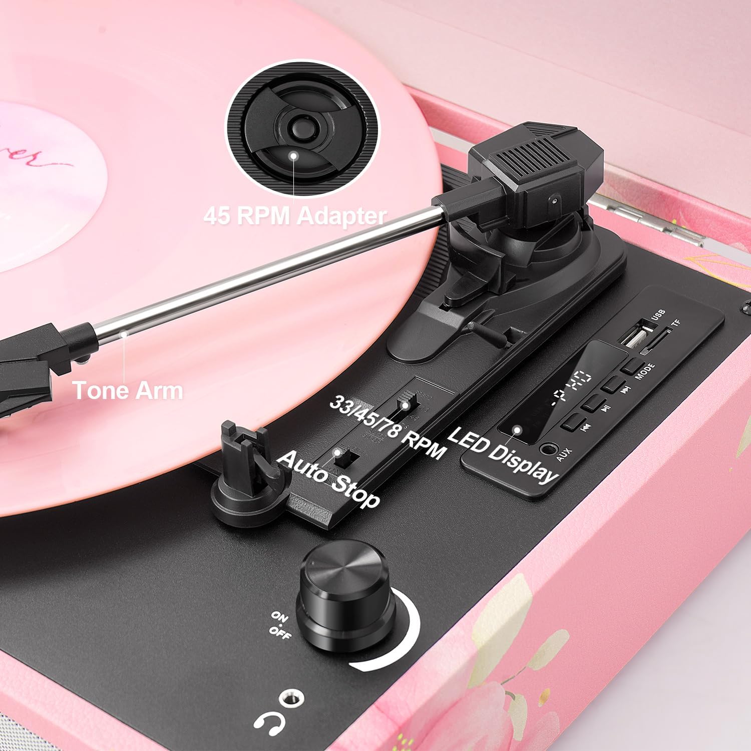 Detaljeret view of the TANLANIN TE-001D turntable platter, tone arm, 45 RPM adapter, and speed selector.