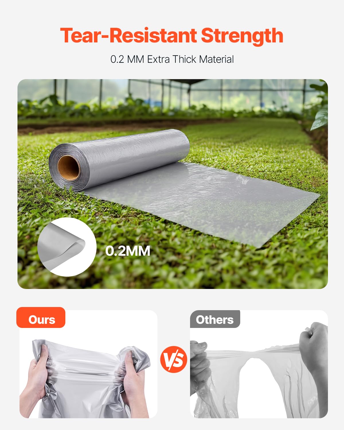 VEVOR Telo di Plastica 0,2 mm, 2 m x 50 m Barriera al Vapore per Intercapedine, Rotolo di Telo in Polietilene per Giardino ad Alta Resistenza, Telo per Pittori Fornitura di Plastica Agricola Grigio