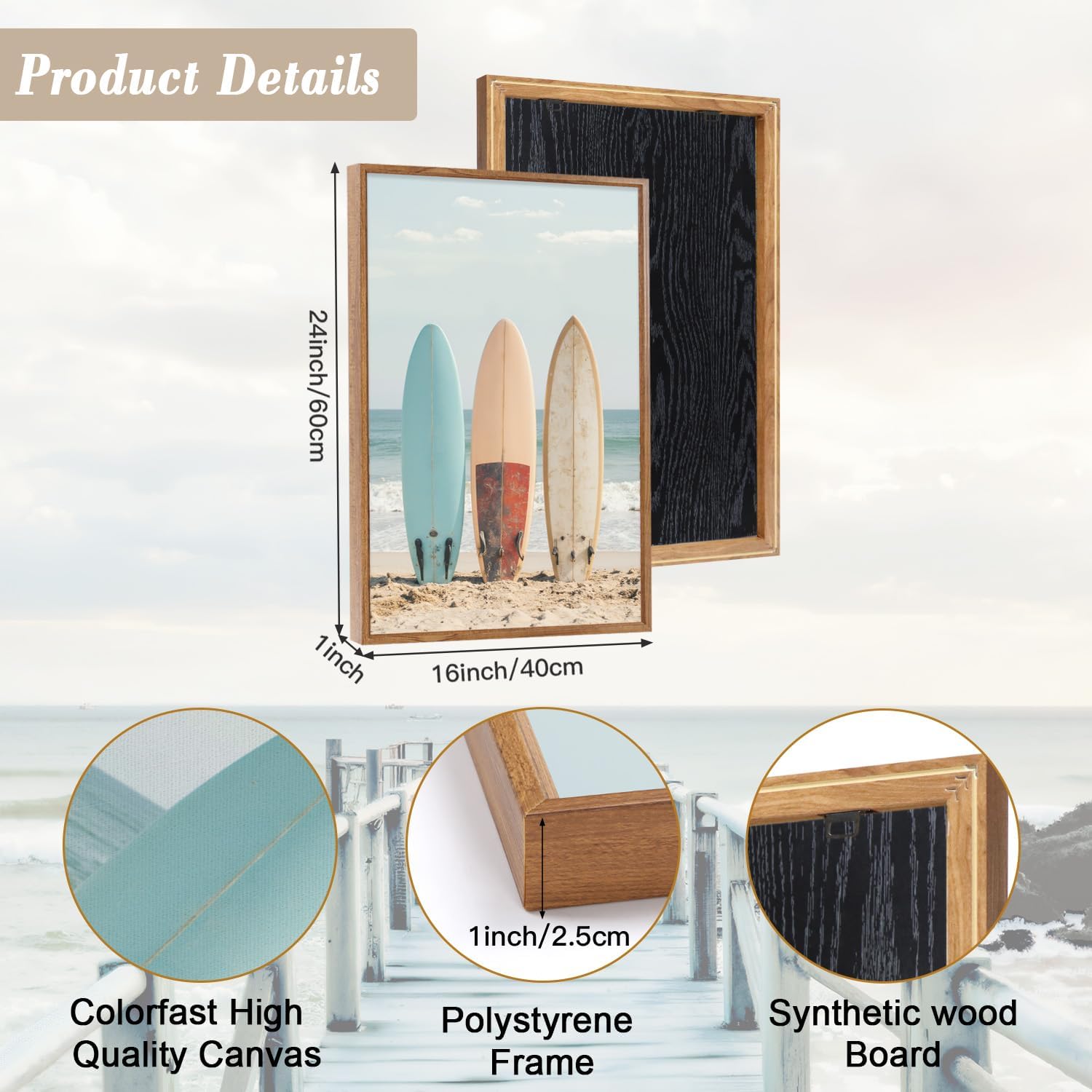 HOURIA 3Pcs Summer Coastal Beach Canvas Wall Art (16"x24"), Summer Tropical Ocean Themed Wall Decor, Vintage Camper Van Boardwalk Surfboard Art Print for Living Room Bedroom Office