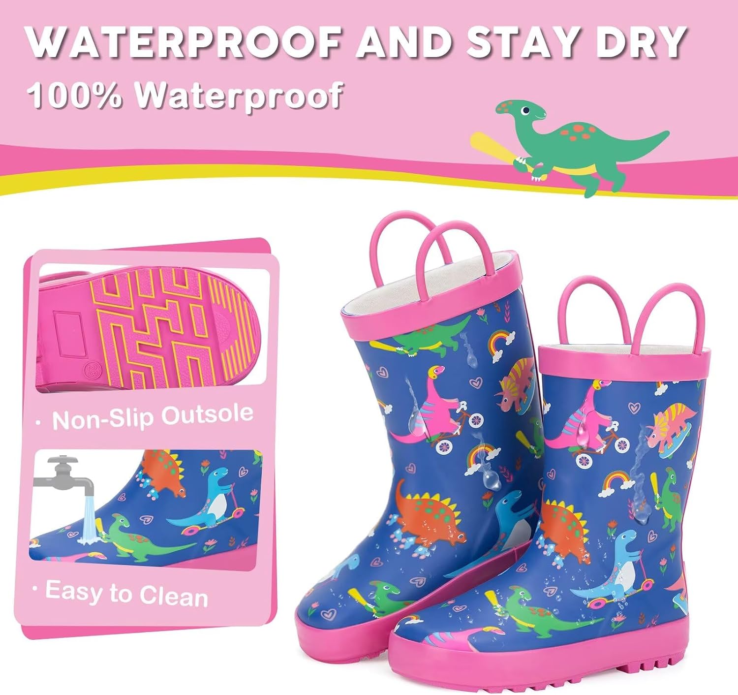 FUNCOO PLUS Toddler Rain Boots Kids Waterproof Rubber Boots for Boys and Girls with Handles in Fun Pattern