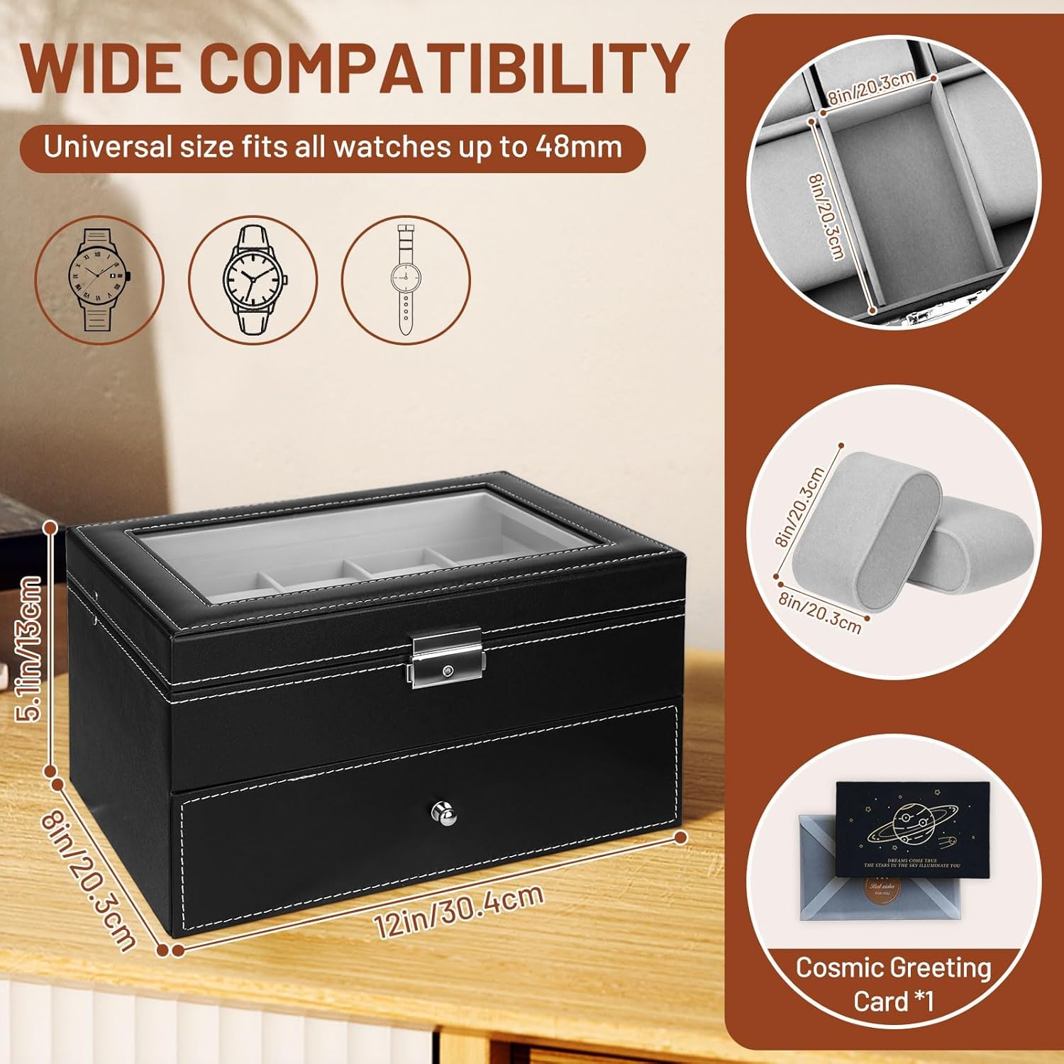 Caja de Relojes con Dos Capas, Estuche Relojero Organizador, Tapa de Cristal, PU Negro