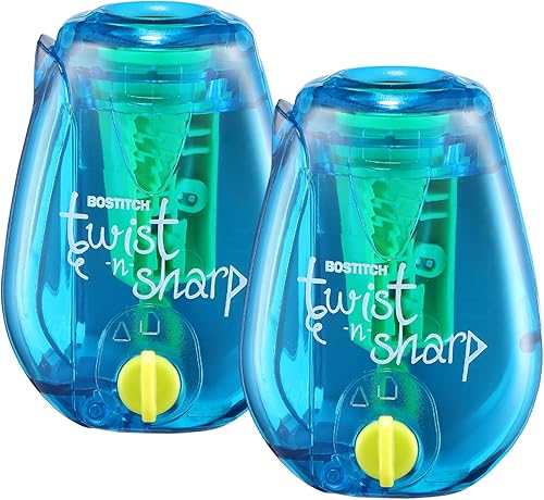 Bostitch Office Twist-n-Sharp Sacapuntas de Lápices, para Niños y Lápices de Colores, Colores Surtidos (PS1-BLUE-2PK)