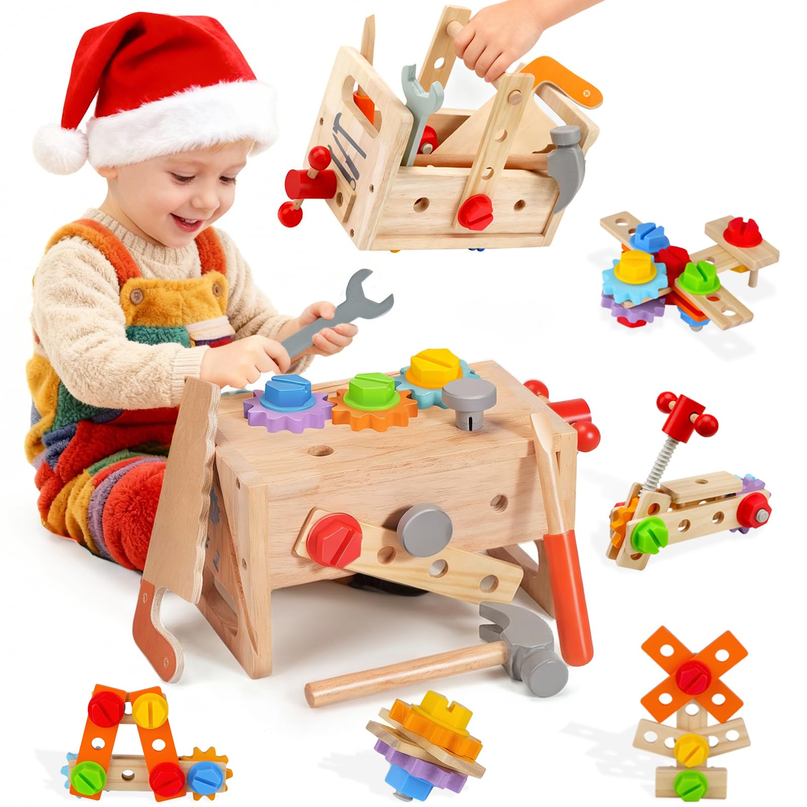 Caja de herramientas de madera para niños: set de 29 piezas de herramientas de madera Montessori con maletín – juguete educativo para fomentar la motricidad para niños y niñas