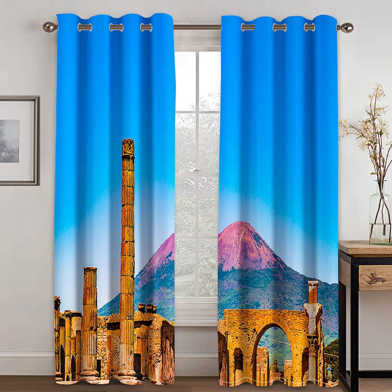 Gardine Schlafzimmer Blickdicht, 102x160cm Blau Grün Braun Berglandschaft Verdunklungsvorhänge mit Ösen