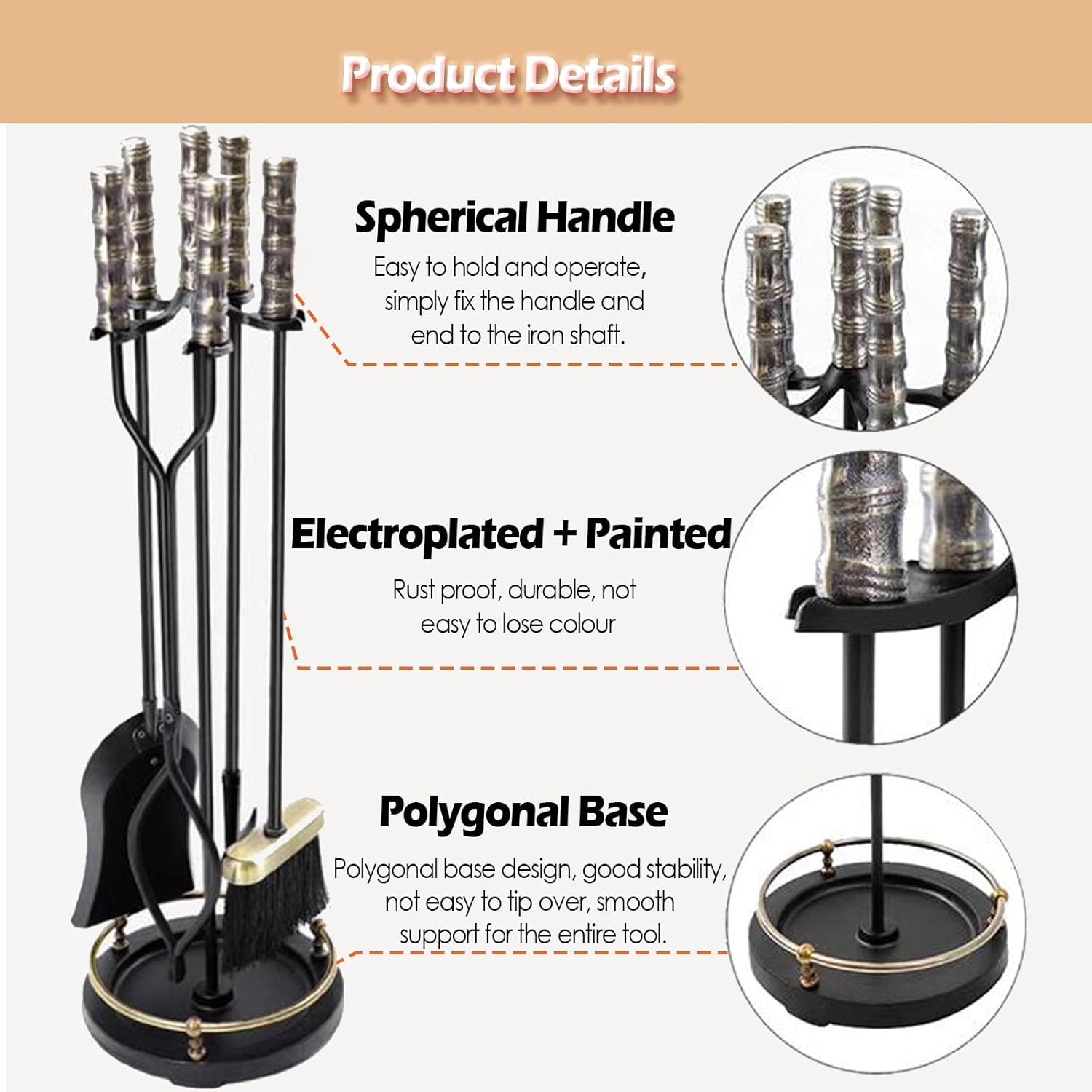 Katzowen Fire Place Tool Kit with Tongs Shovel Broom Poker, 76cm/30in Fireplace Tool Set for Indoor Outdoor, Cast Iron Accessories Set for Stove Hearth