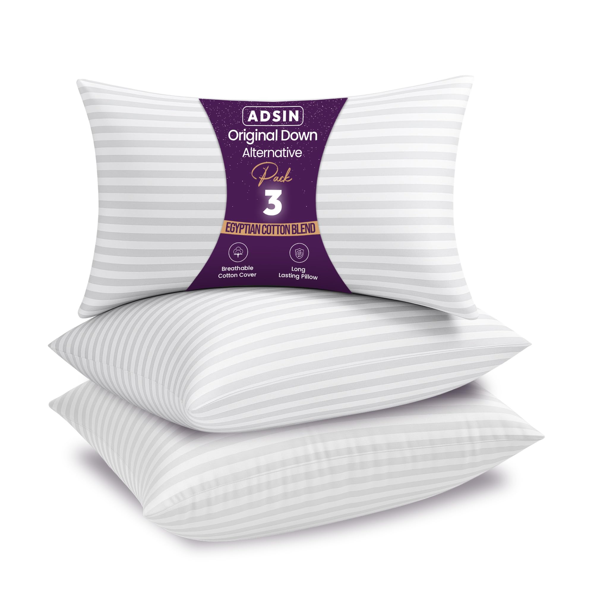 Adsin White Stripe Pillows 3-Pack Hotel Quality High Grade Hollowfibre Filling Satin Stripe Pillows Instant Rebound Bounce Back Pillow For Stomach, Back And Side Sleeper Standard Size, Pack Of 3