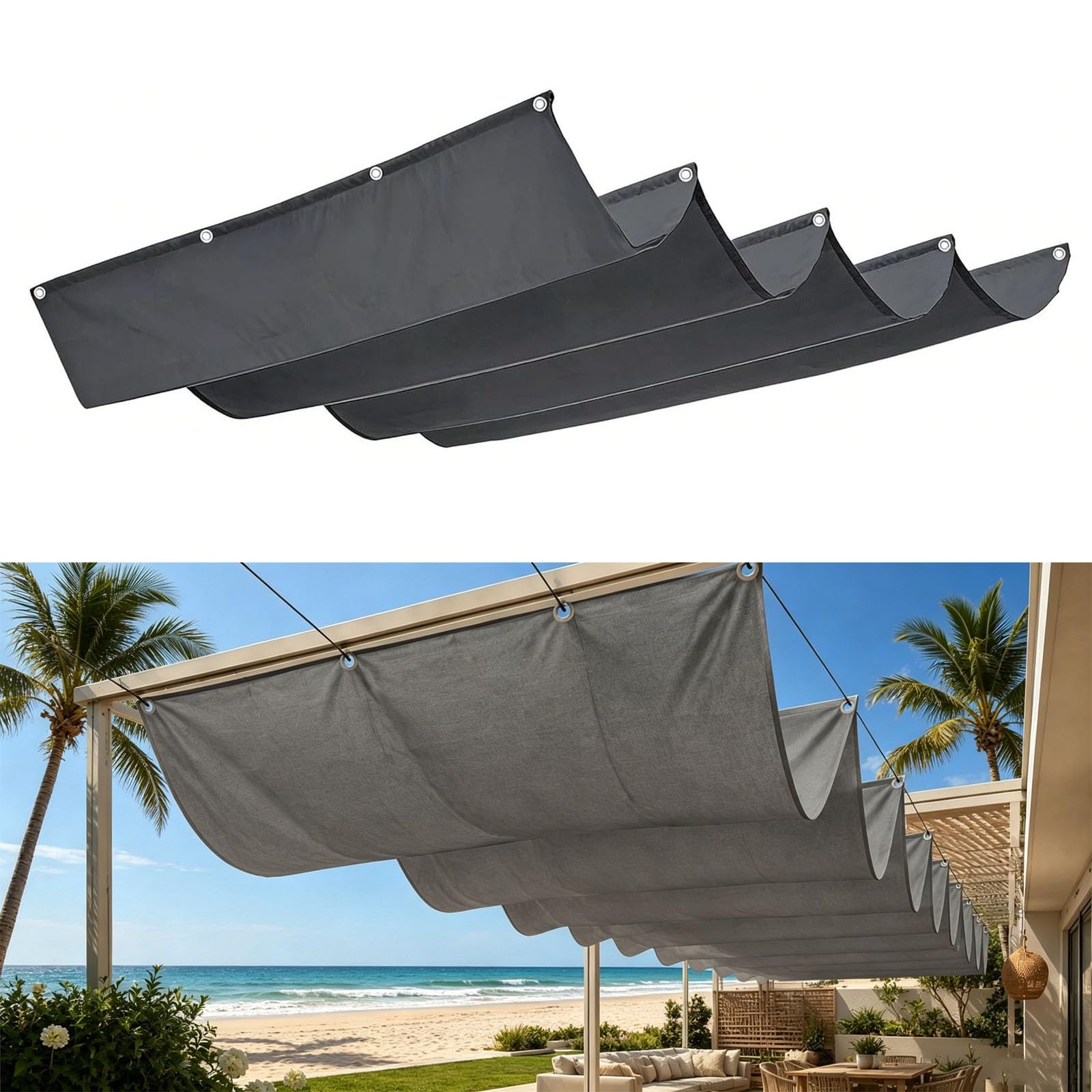 Voile d'ombrage rétractable vague 0.7x6.5m gris foncé imperméable pour terrasse