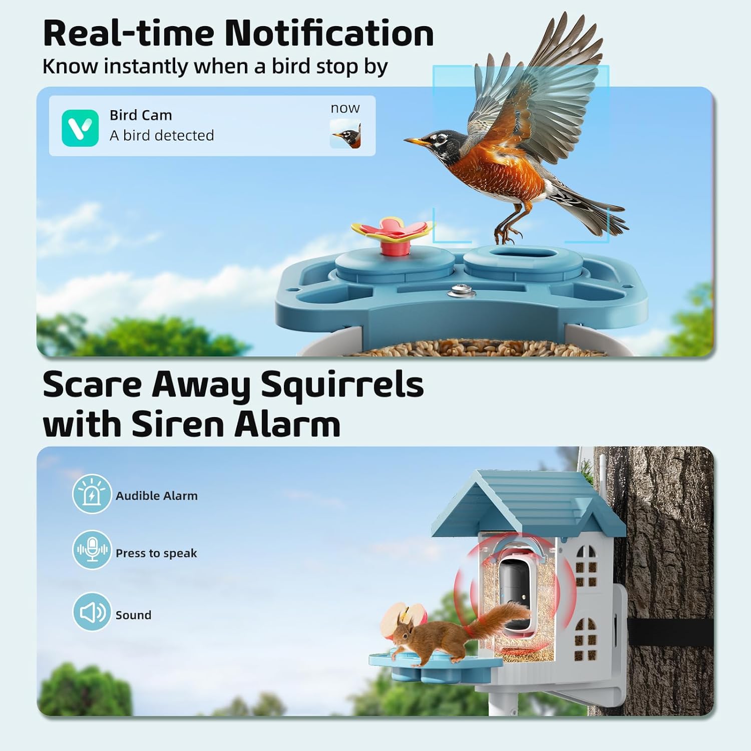 Smart Bird Feeder with Camera, 2K HD Solar Powered Birdhouse with Cam for Outdoors, AI Identify Birds Species, Auto Capture & Real-time Notifications (Blue)