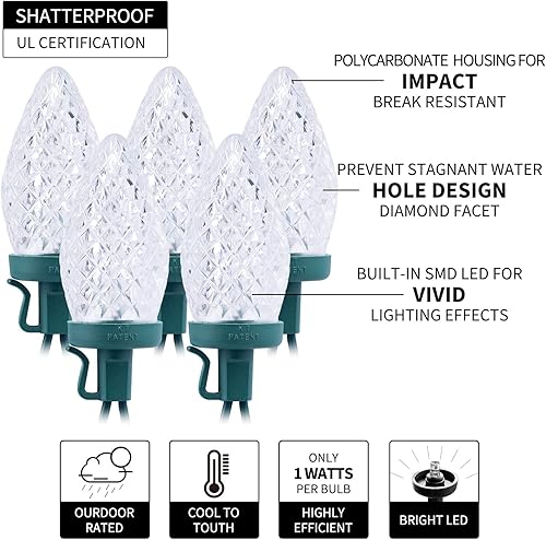 Miniatura 5 de Brightown Guirnalda de luces LED C9, 33 pies, 50 luces LED impermeables de fresa, cadena de luces de alambre verde extensible para decoración de