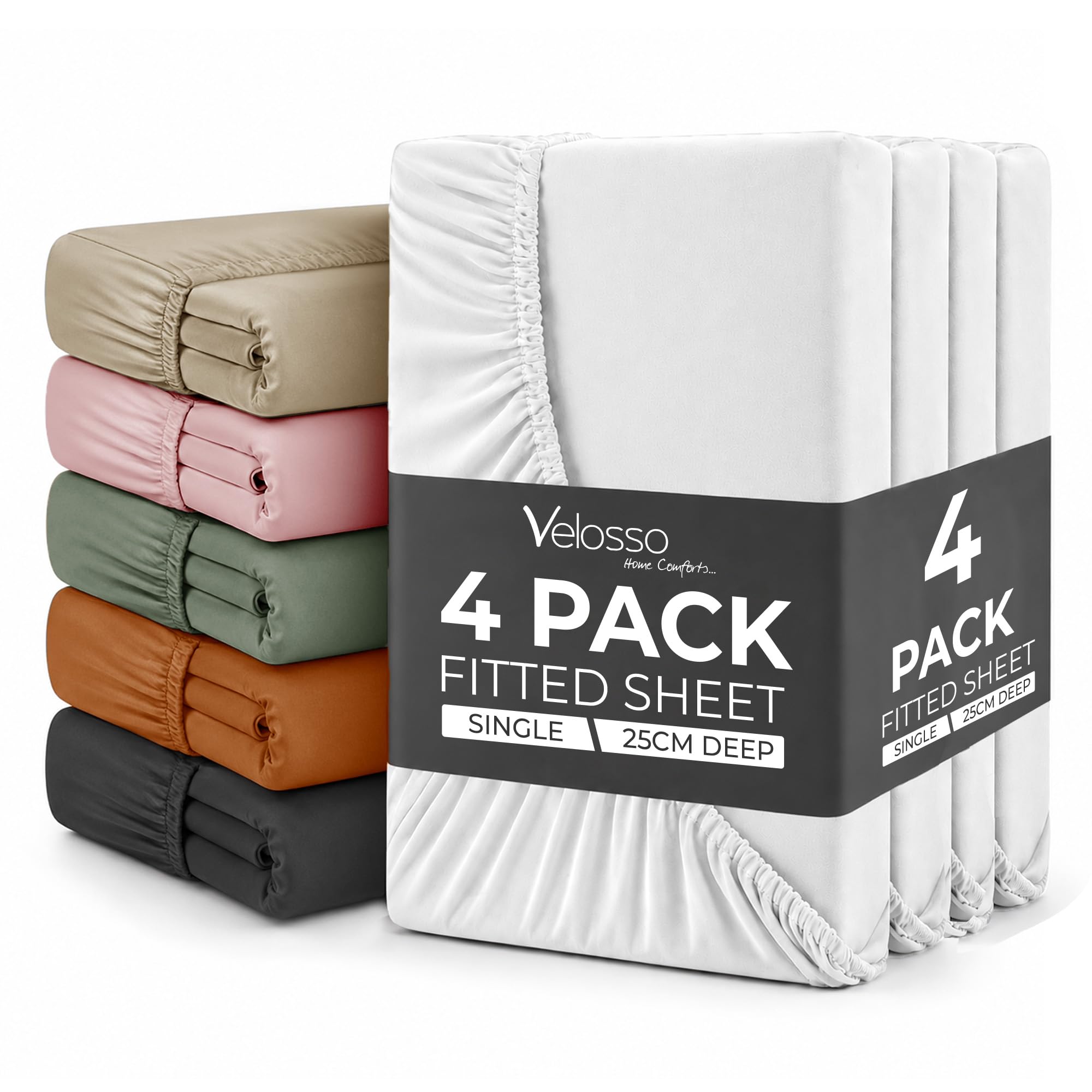 Plain Dye Fitted Sheet 25cms Pocket Soft Brushed Microfibre Fabric Mattress Bottom Bed Sheets (White, Single 4 Pack)