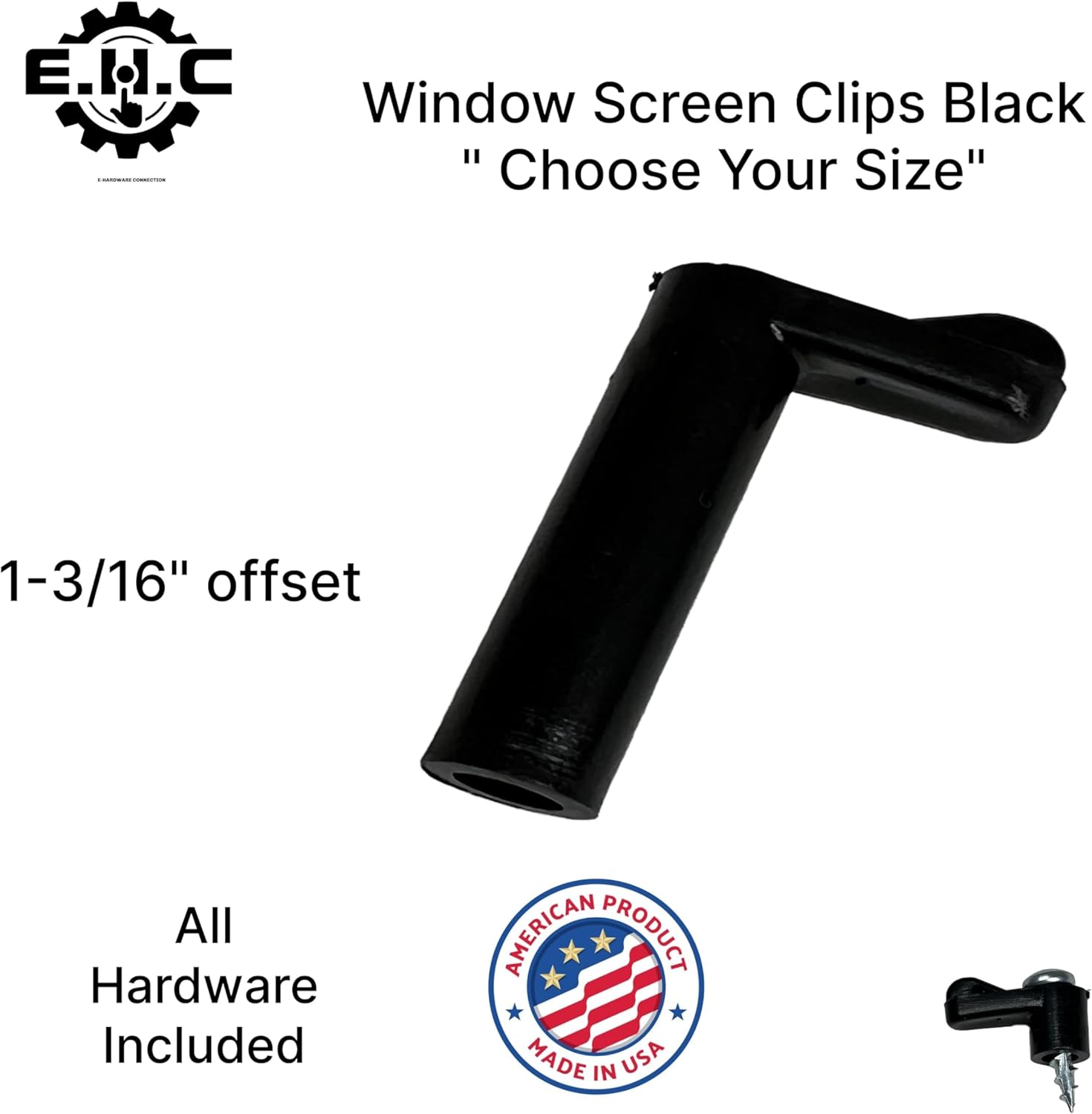 Window Screen Clips "Black” Plastic (Choose Your Size! /Size Run Flush up to 1-3/16” Offset) New or Replacement (10 Pack with All Needed Hardware Included) by E.H.C. (1-3/16" Offset)