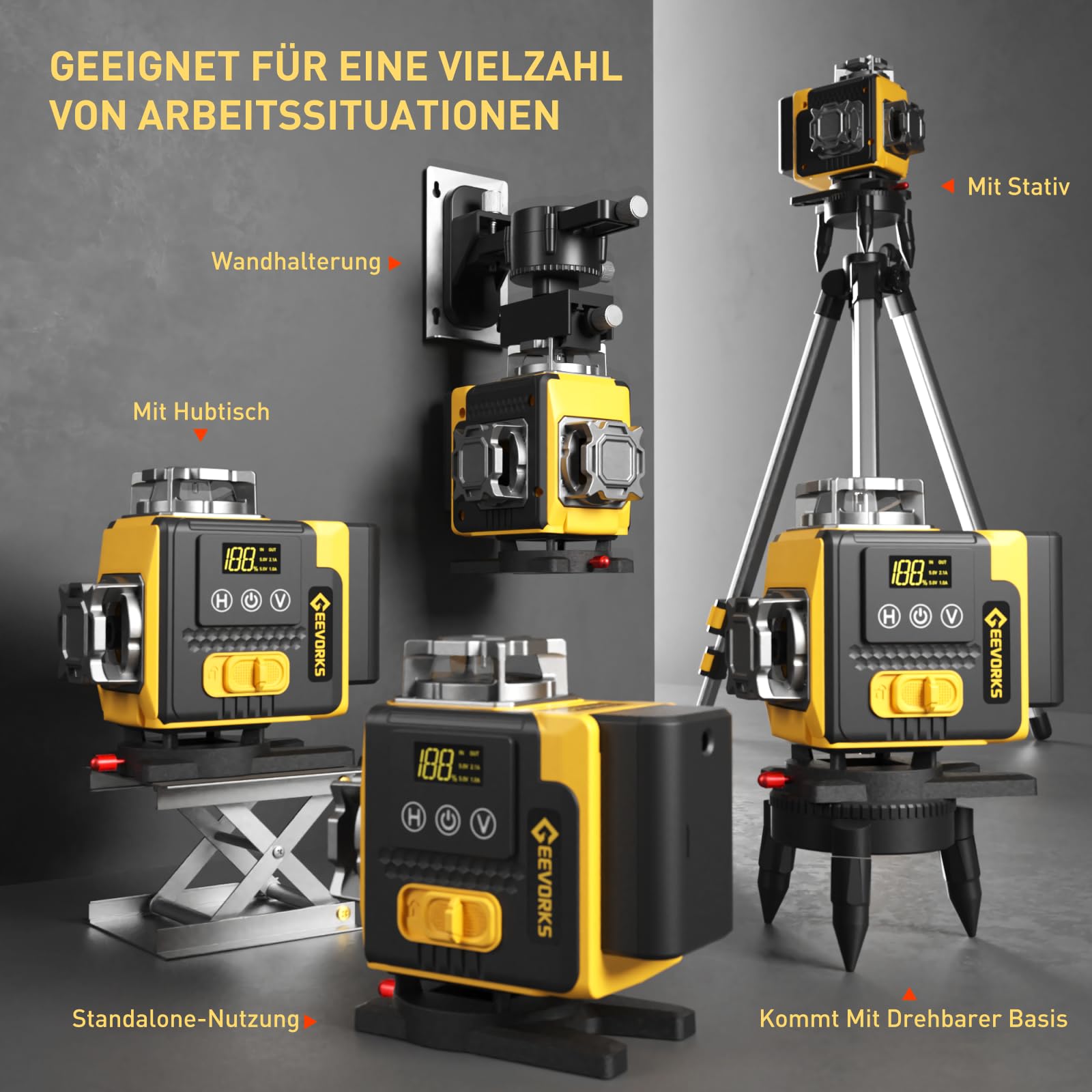 Geevorks Laser Wasserwaage 4D Kreuzlinienlaser Profi-Set | 16 Linien Selbstnivellierend, 25m Reichweite mit Stativ | 2 * 2400mAh Akku + Fernbedienung & Wandhalterung IP54