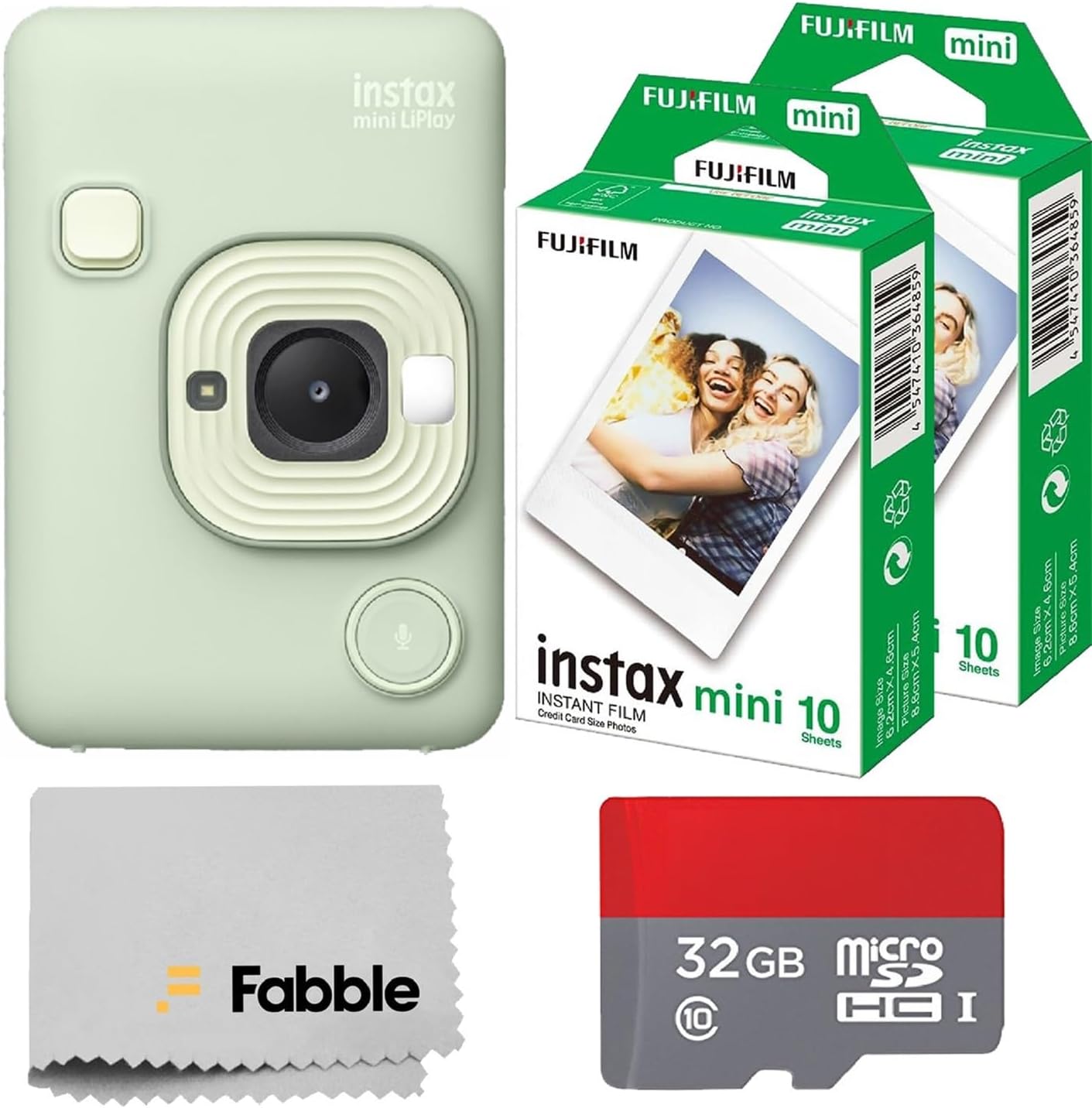 Fujifilm INSTAX Mini LiPlay Hybrid Instant Camera Bundle with 20 Sheets INSTAX Mini Film, 32GB microSD Card, USB Charging Cable, Hand Strap, Cleaning Cloth (Matcha Green)