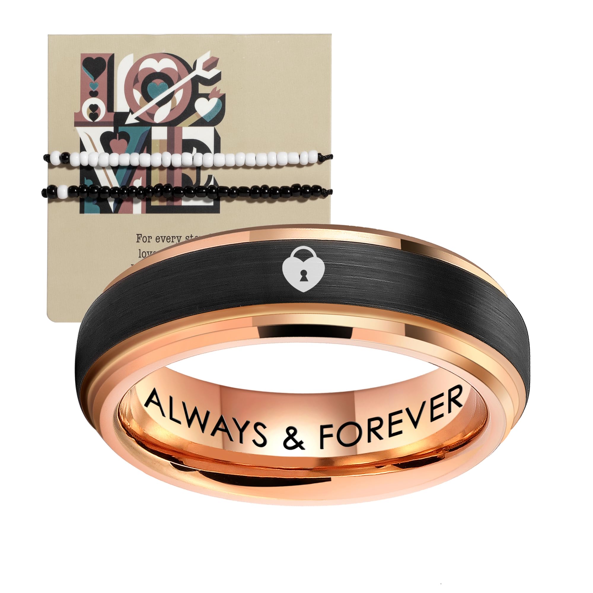 LerchPhi 4MM 6MM 8MM Custom Tungsten Carbide Ring, Custom Engraved Promise Wedding Ring, 18K Rose Gold Stepped Edge with Black Matte Satin Finish