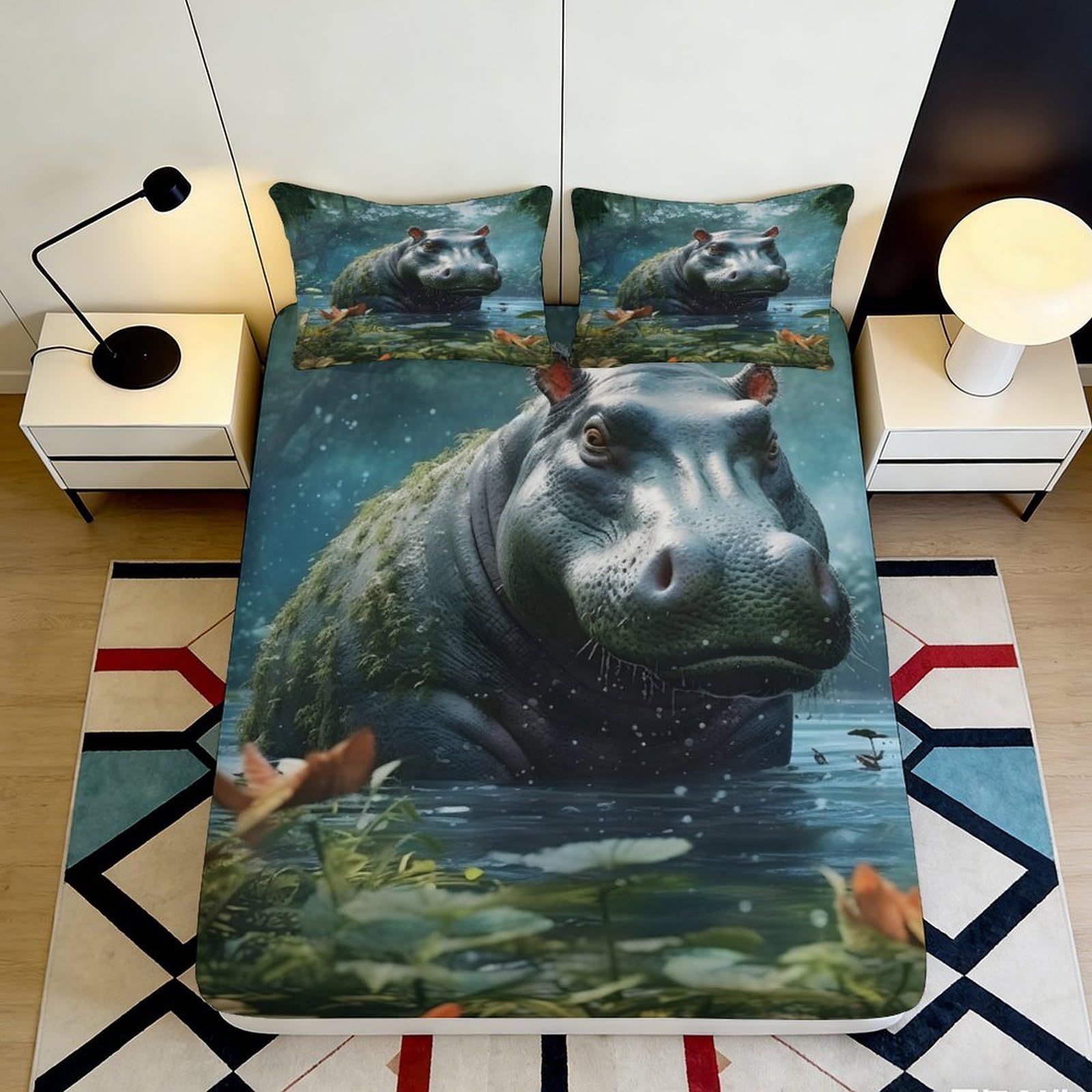 3D Printed Hippopotamus Fitted Sheet Microfiber Deep Pocket Non-Slip River Hippo Mattress Fitted Cover For Bedroom 180x200x25cm