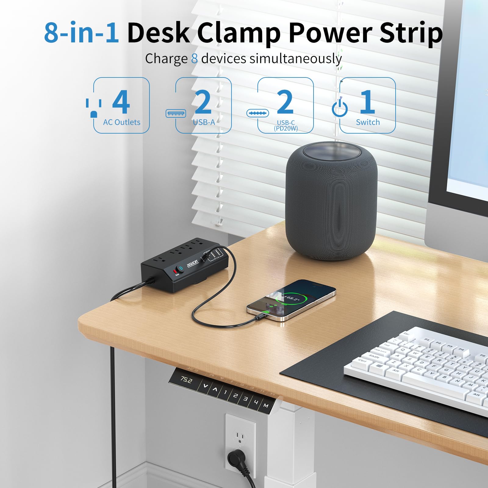 JXGUCAT - Computer-Stromleiste mit PD 20 W USB C, abnehmbarer Überspannungsschutz, Schnellladung, Verlängerungskabel, 3 m, Flachstecker mit 4 Steckdosen, 4 Ports