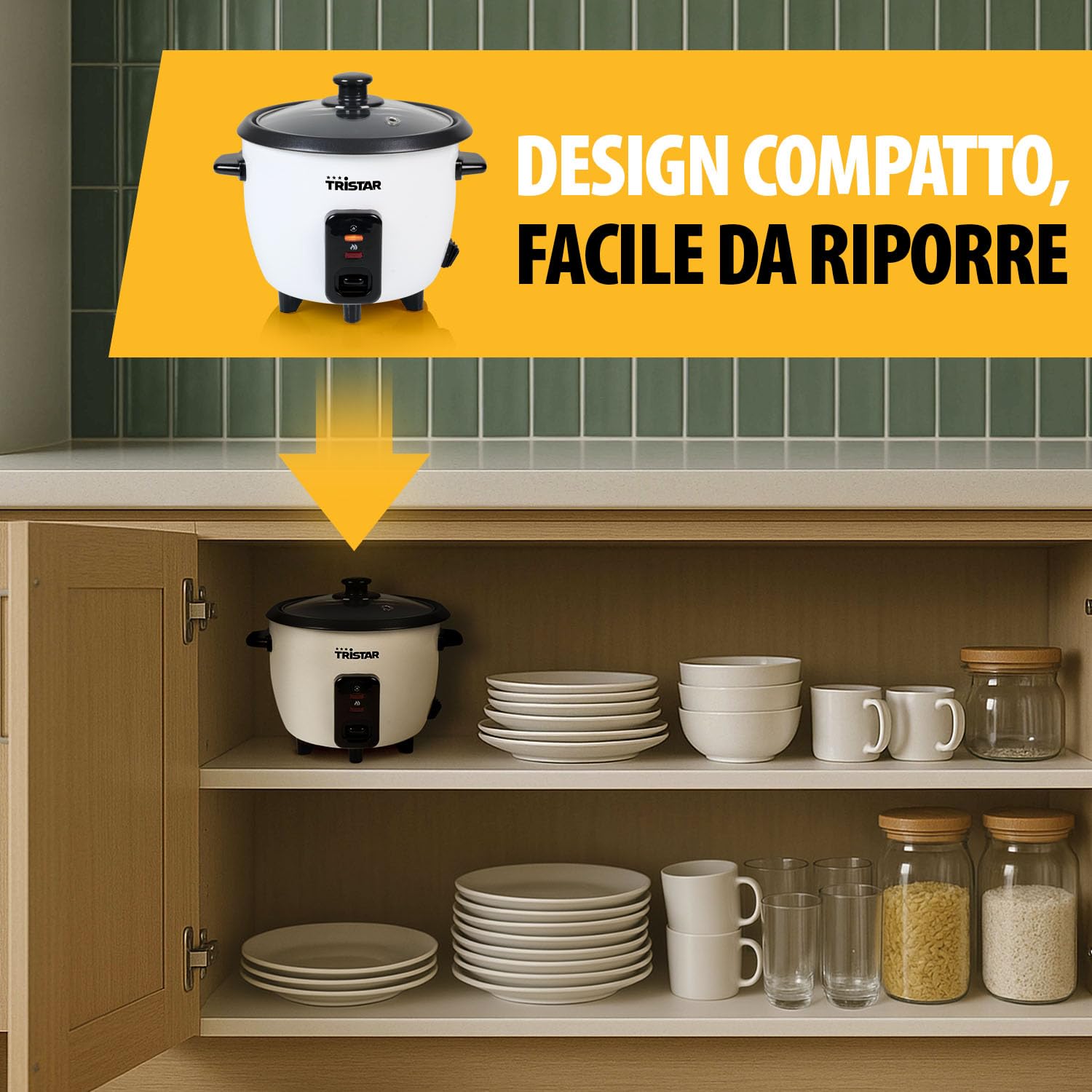 Tristar Cuociriso 0,6 L, Pentola Interna Antiaderente, Mantenimento in Caldo e Spegnimento Automatico, Design Compatto, Con Misurino e Cucchiaio, 300 W, RK-6142