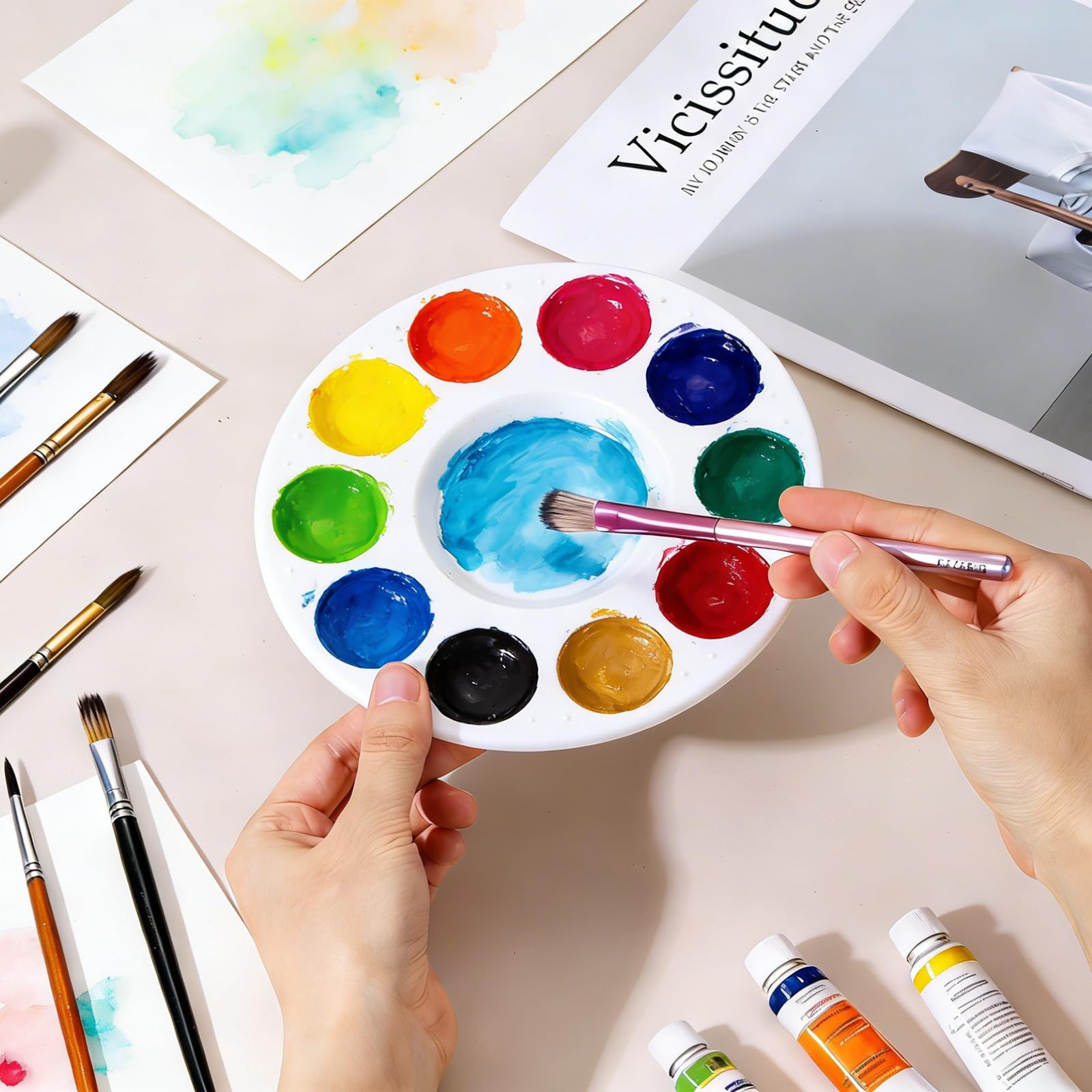 sourcing map Paleta de bandeja de pintura, paleta de acuarela de plástico redonda de 10 pozos, bandeja de pintura para manualidades, clase de arte, suministros de fiesta, soporte de pintura (blanco