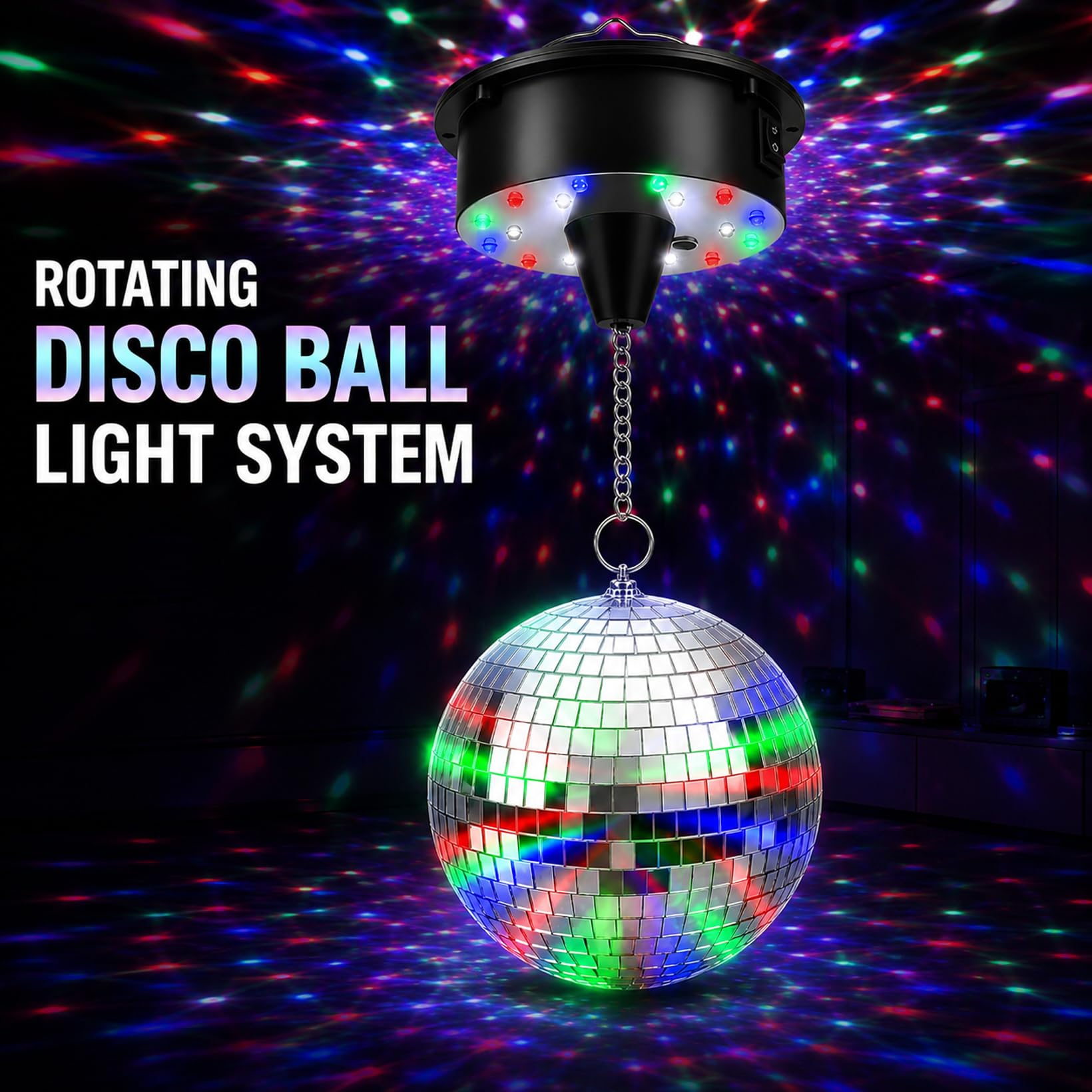 Discokugel mit Motor und Licht, Spiegelkugel mit Rotierender Motor und Fernbedienung mit 6 Tasten, 15cm Discokugel mit 4 Bunten Lichtern-18 LED-Perlen für Party-Dekoration Band Bar
