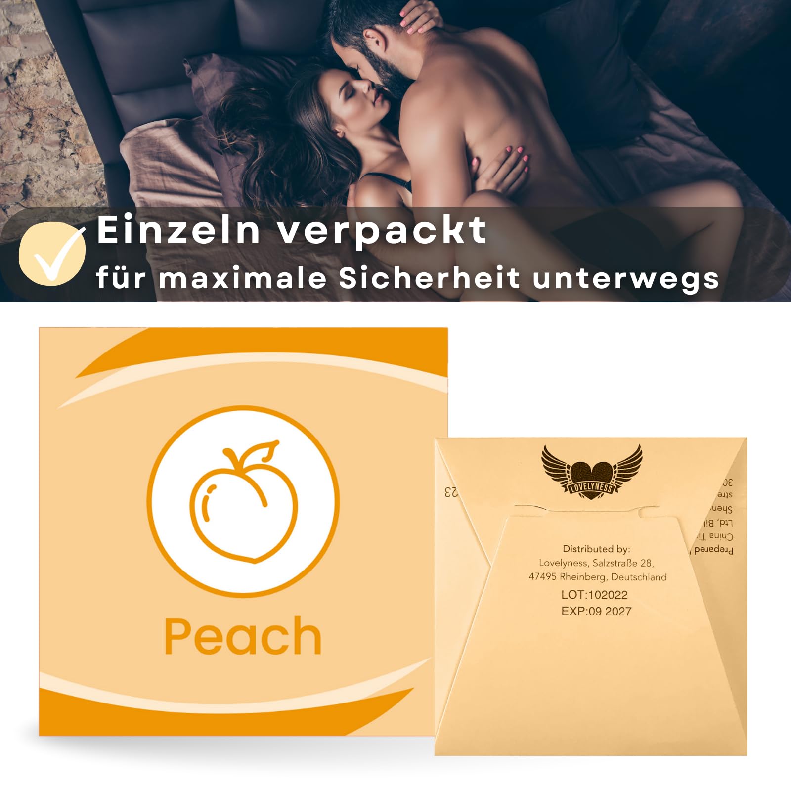 Kondome mit Geschmack Pfirsich 52mm - 200 Stück Gefühlsecht Extra dünn Extra feucht Analverkehr Gleitfilm von Lovelyness