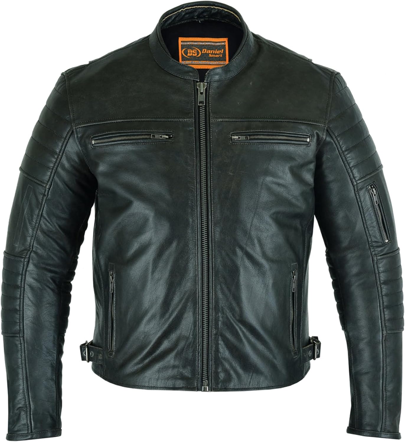 Daniel Smart Mens Leather Motorcycle Jacket Sporty Leather Biker Jacket with Custom Stitch Details & Multiple Carry Pockets