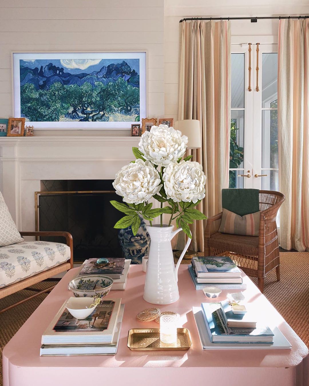 Briful 3PCS White Peony Artificial Flower Stems 29.1in Long Stem Fake Peonies Silk Floral Arrangement Real Touch Peony Flower for Christmas Home Vase Party Wedding Bouquet Decor