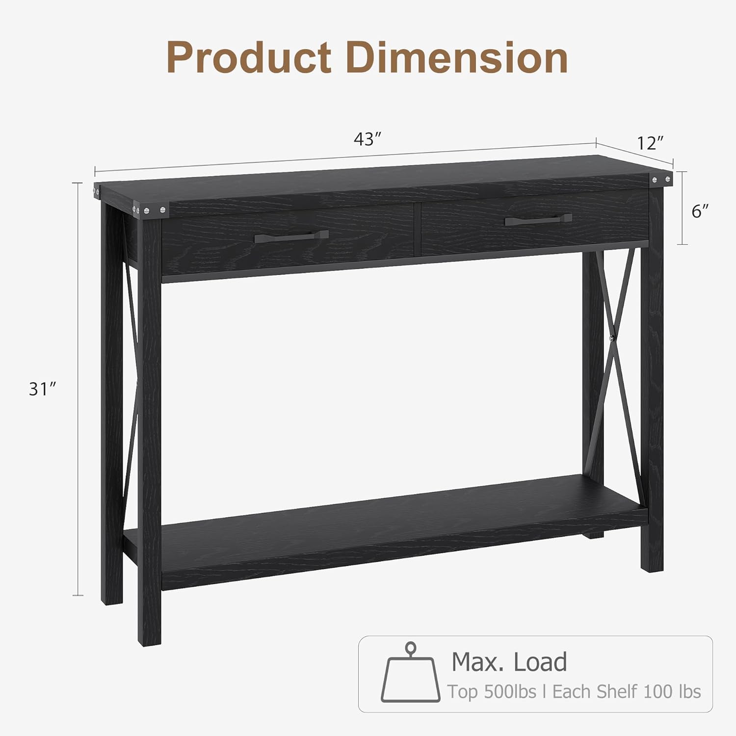 Diagram showing product dimensions and maximum load capacity