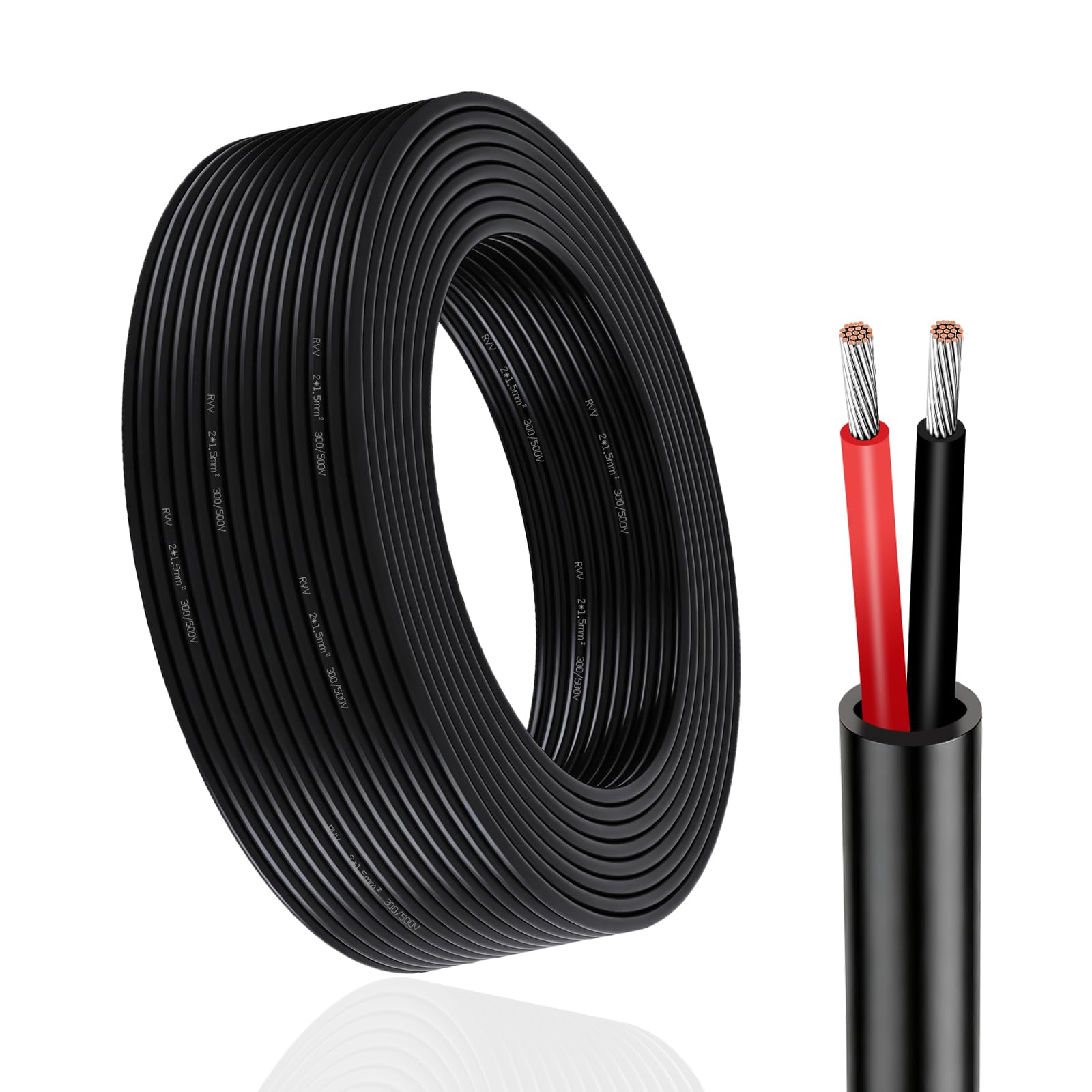 Câble Rond 2 Fils, 2 x 1,5 mm², 10M, Câble électrique Rouge/Noir, 12V/24V fil de cuivre étamé pour Le câblage des Feux arrière de remorque, L'automobile fil electrique, Equipement de Bateau