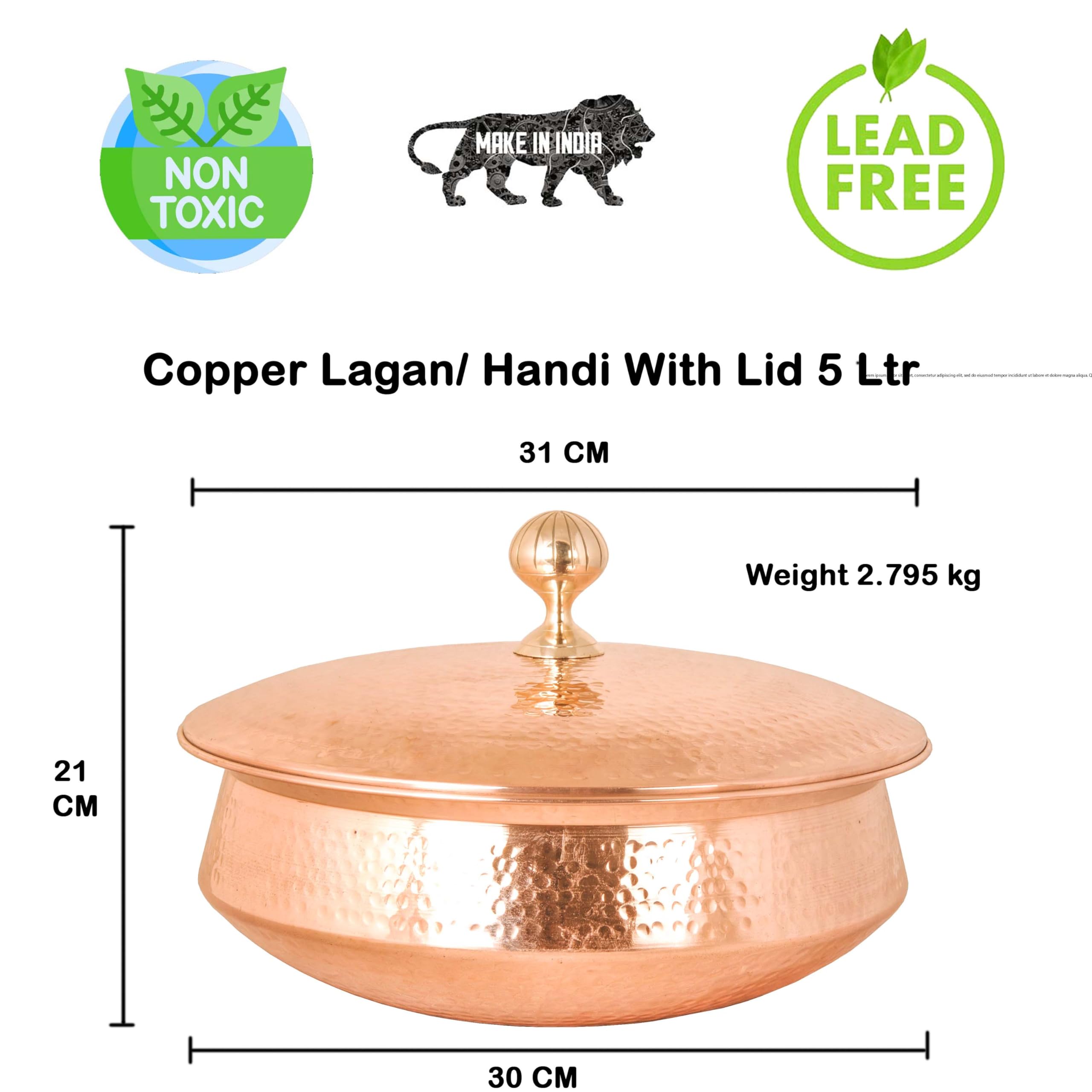 Shiv Shakti Arts Copper Lagan Handi with Lid Hammered Finish Round, Inside Tin Lining, Chemical Free for Benefits (5 Litre), Brown