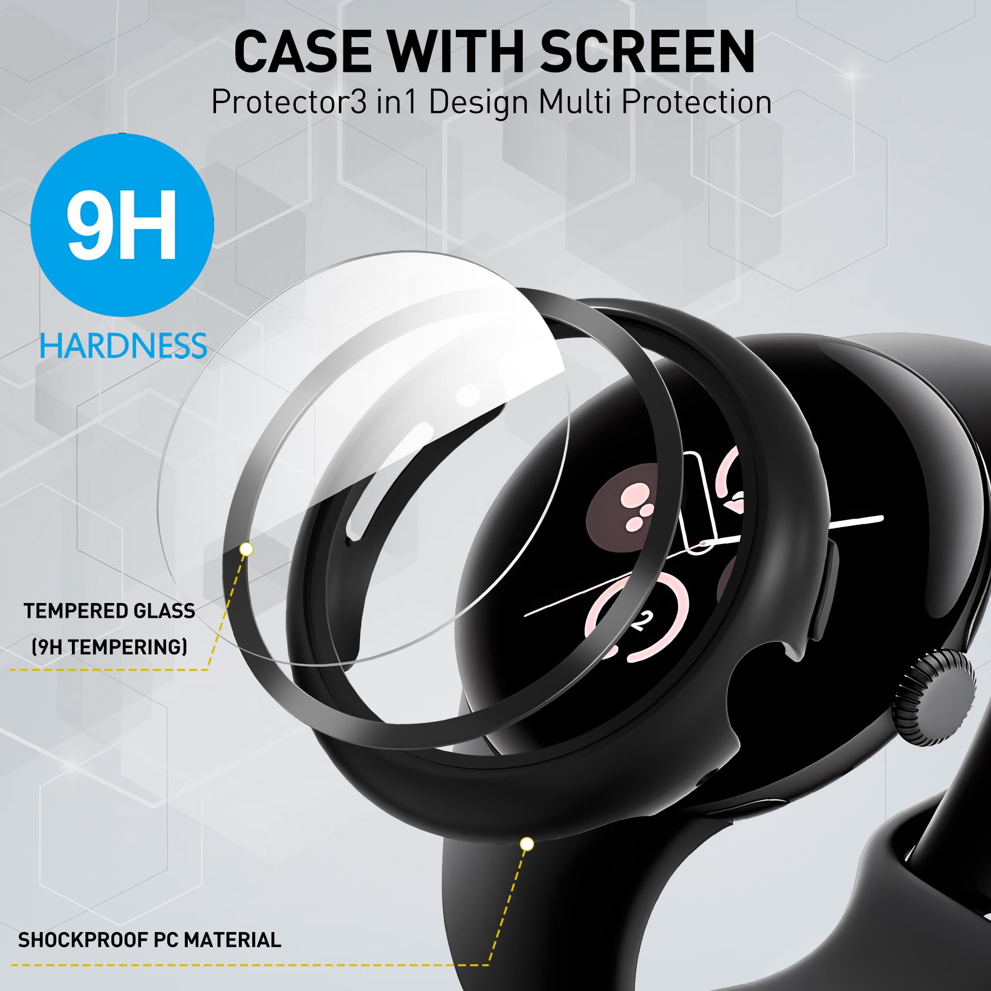 Diruite 3-Pack Screen Protector for Google Pixel Watch 3/2/1 41mm Tempered Glass Case All Around Hard PC Protective Cover,Black&Black&Black - Image 4